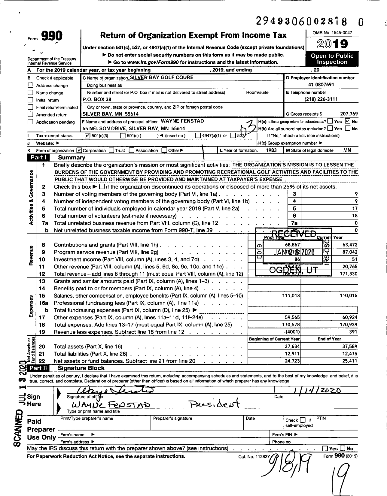 Image of first page of 2019 Form 990 for Silver Bay Golf Course