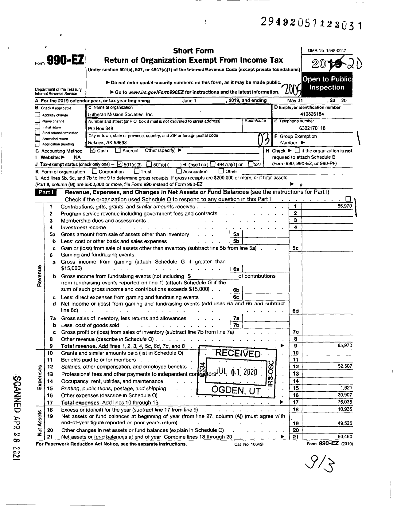 Image of first page of 2019 Form 990EZ for Lutheran Mission Societies