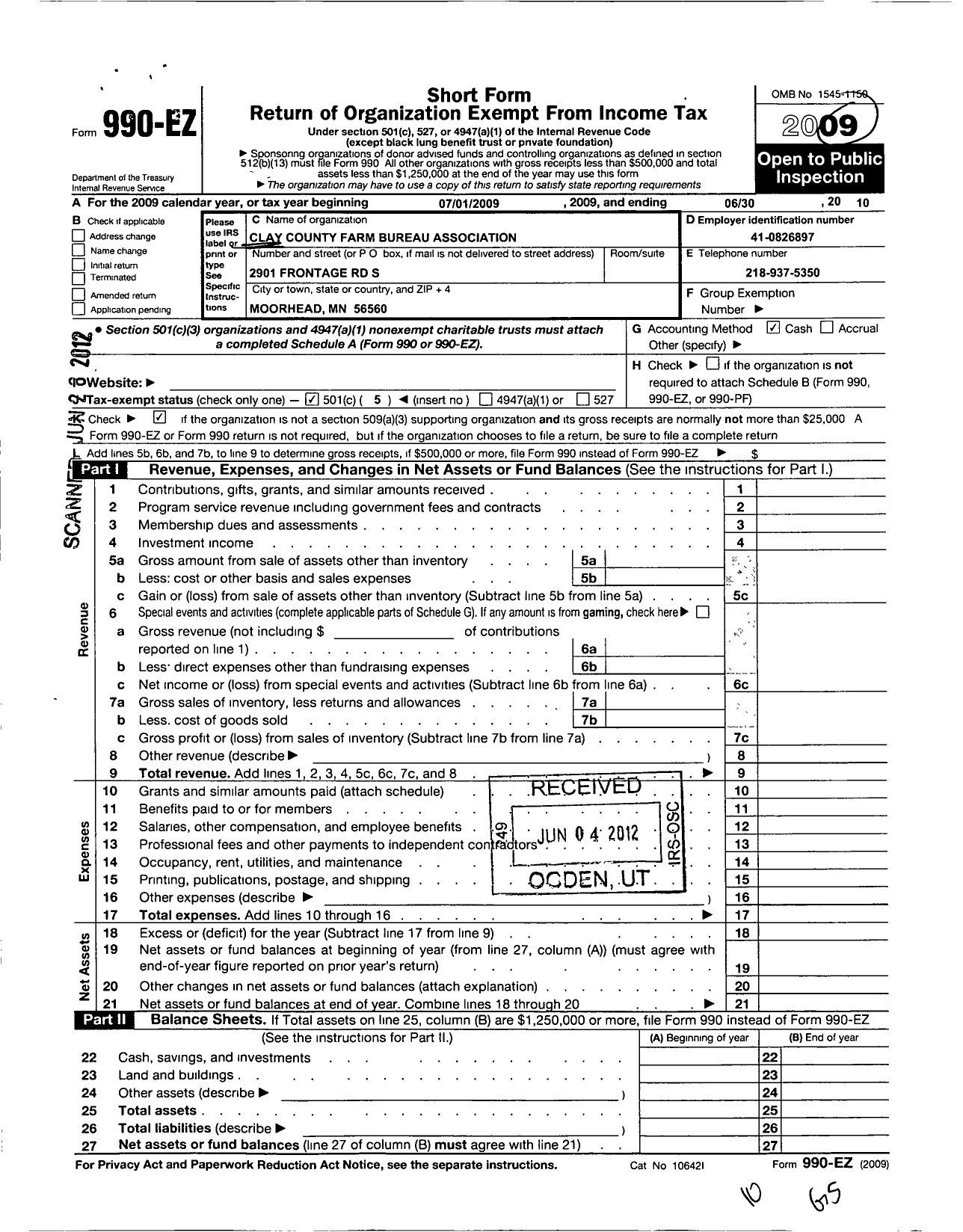 Image of first page of 2009 Form 990EO for Clay County Farm Bureau Association