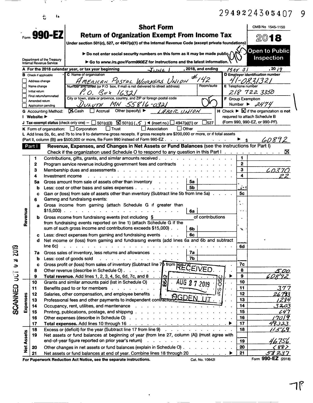 Image of first page of 2018 Form 990EO for American Postal Workers Union - 142 Greater Northland Area Local