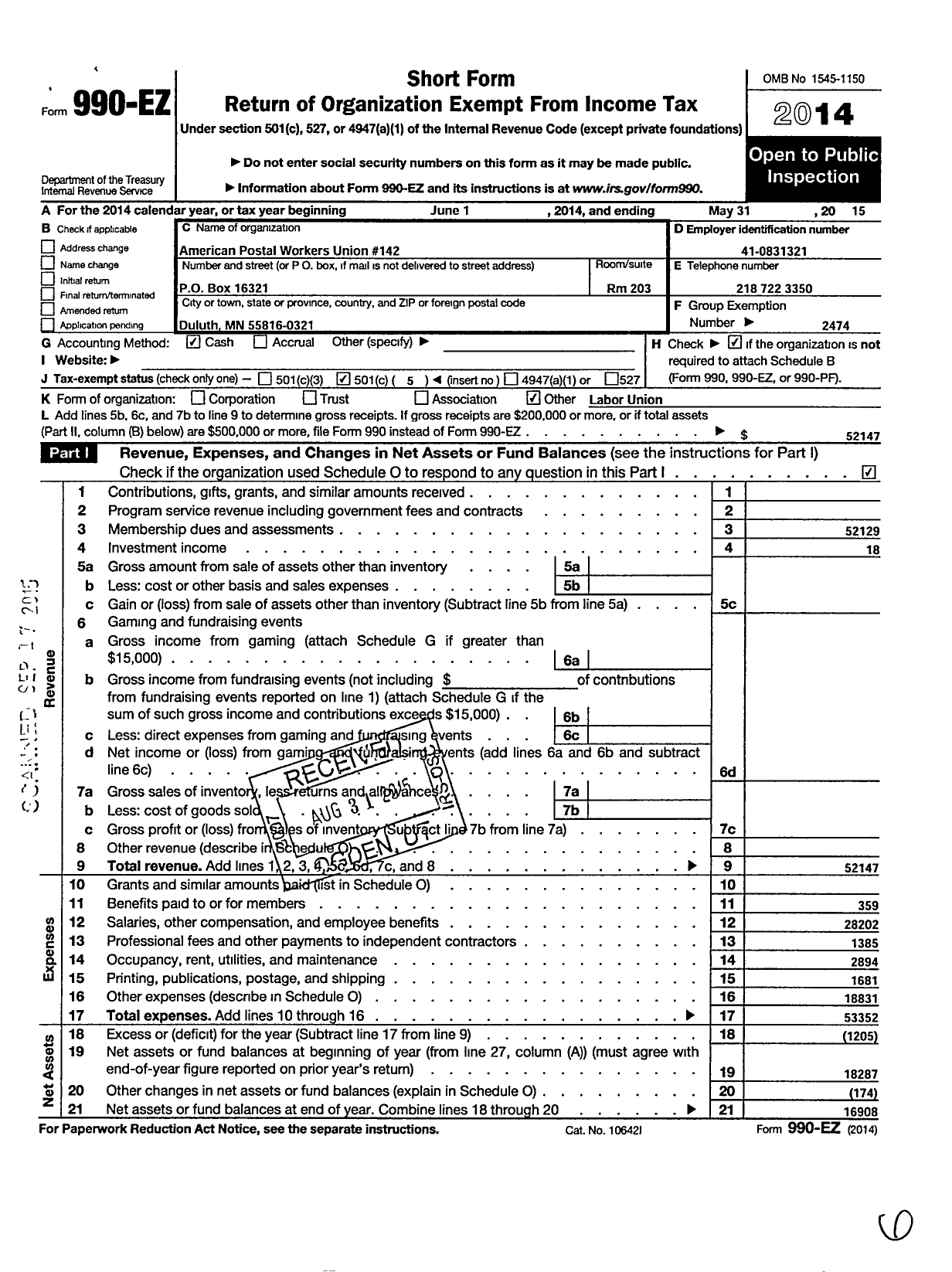Image of first page of 2014 Form 990EO for American Postal Workers Union - 142 Greater Northland Area Local