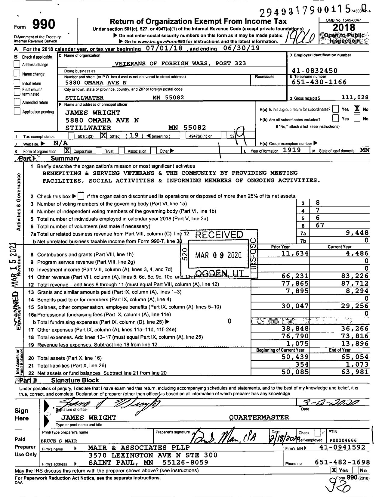 Image of first page of 2018 Form 990O for MN VFW - Veterans of Foreign Wars Post 323