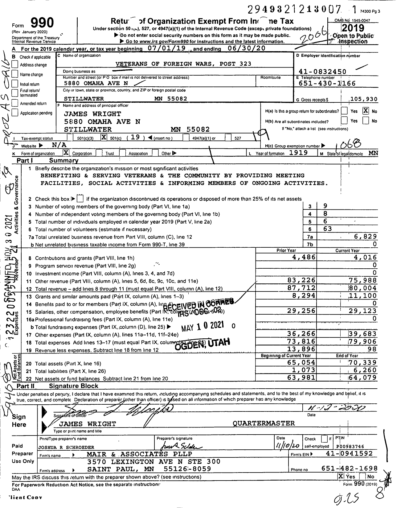 Image of first page of 2019 Form 990O for MN VFW - Veterans of Foreign Wars Post 323