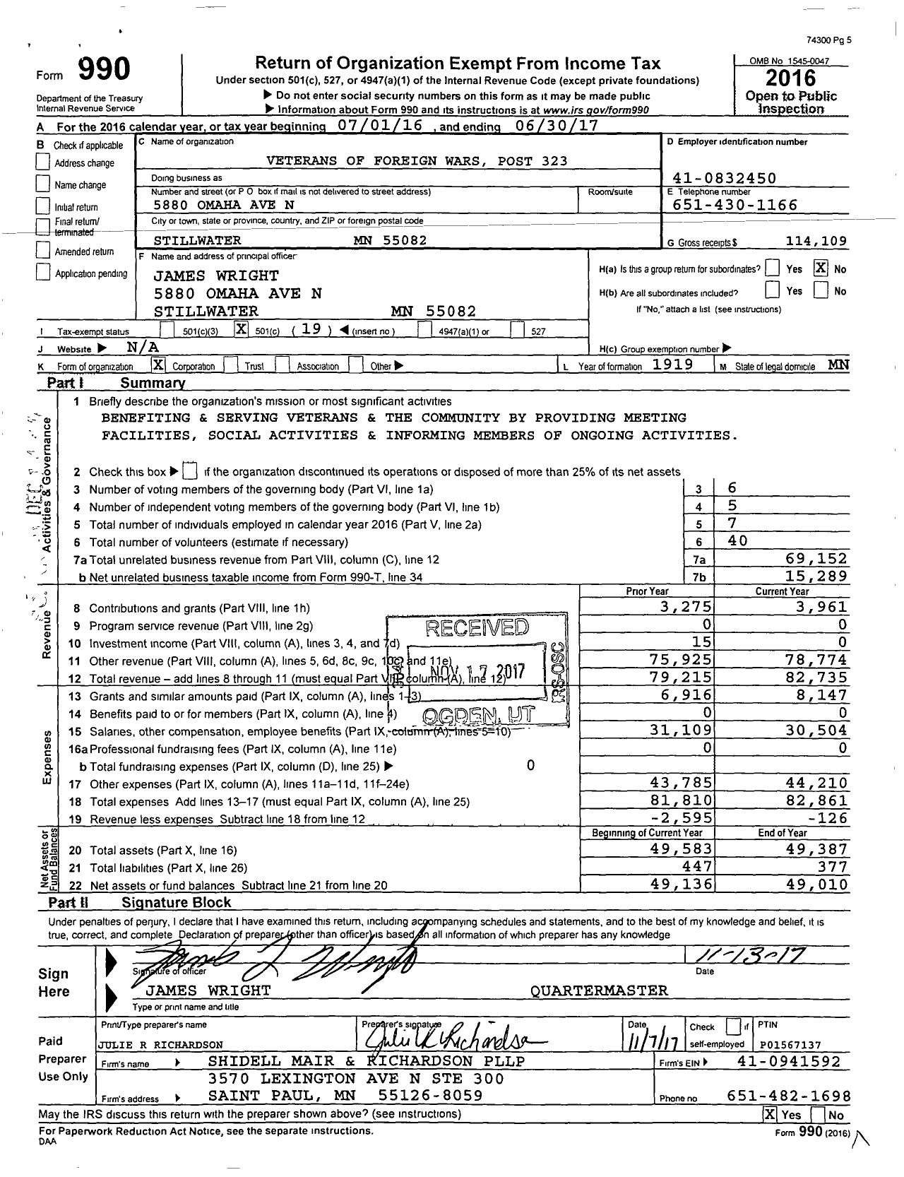 Image of first page of 2016 Form 990O for MN VFW - Veterans of Foreign Wars Post 323