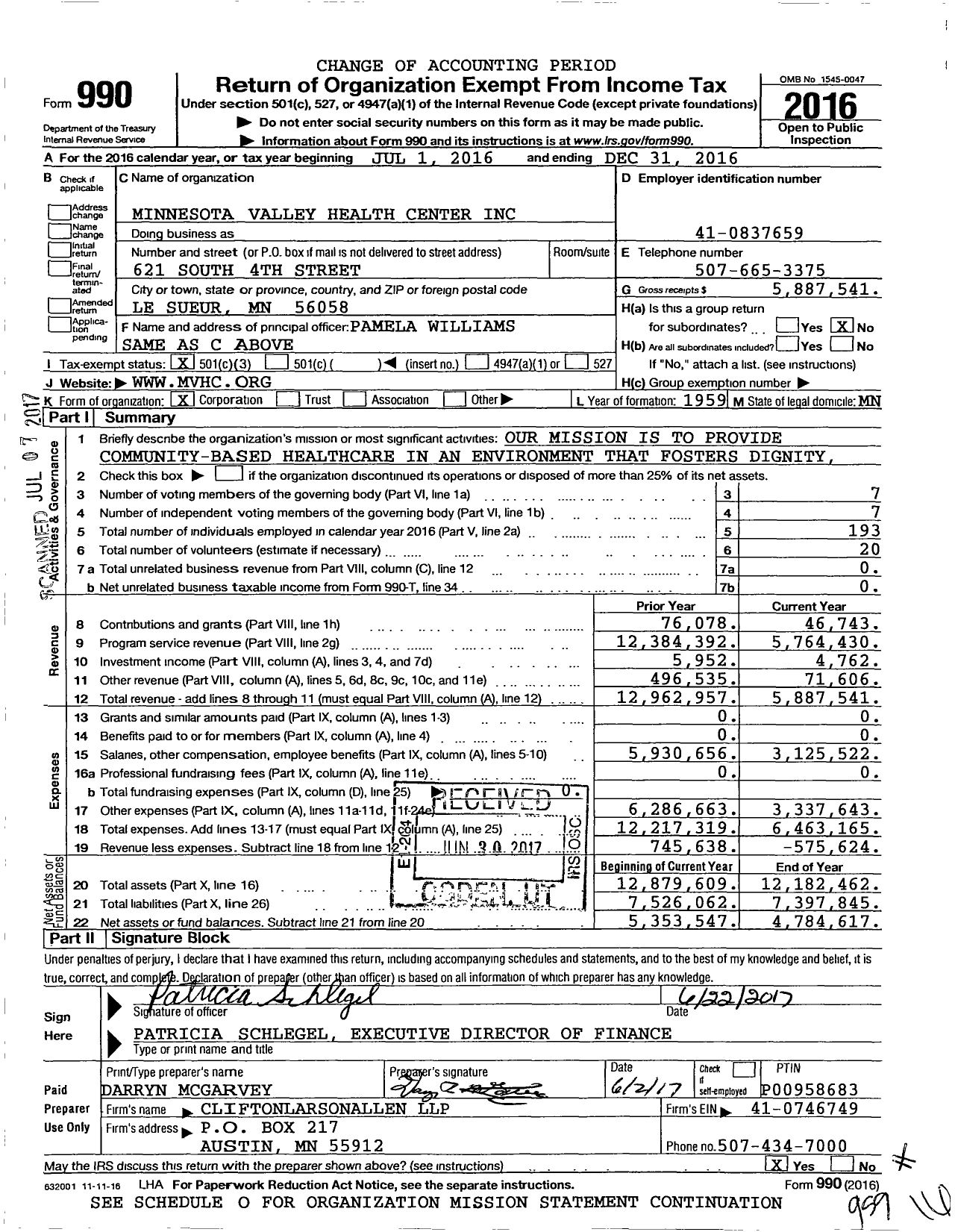 Image of first page of 2016 Form 990 for Ridgeview Le Sueur Medical Center