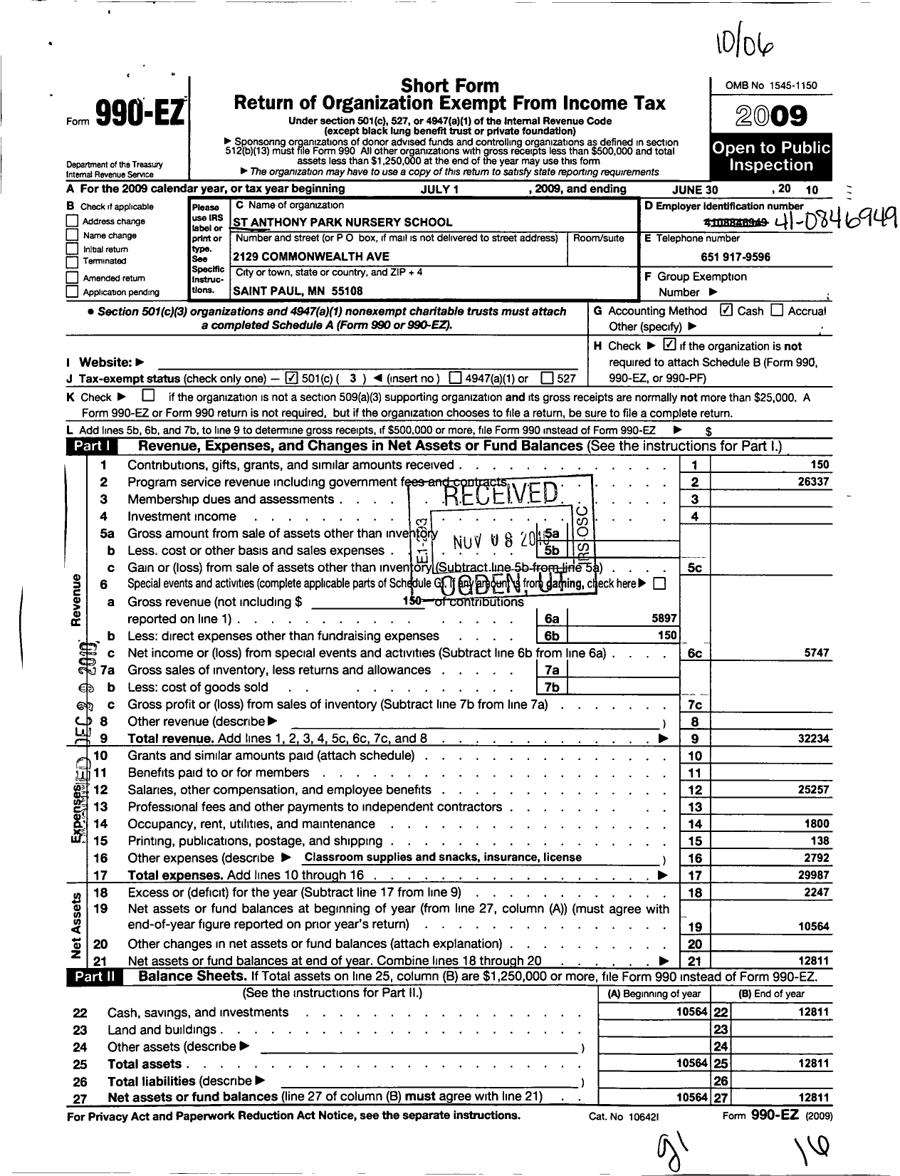 Image of first page of 2009 Form 990EZ for St Anthony Park Nursery School