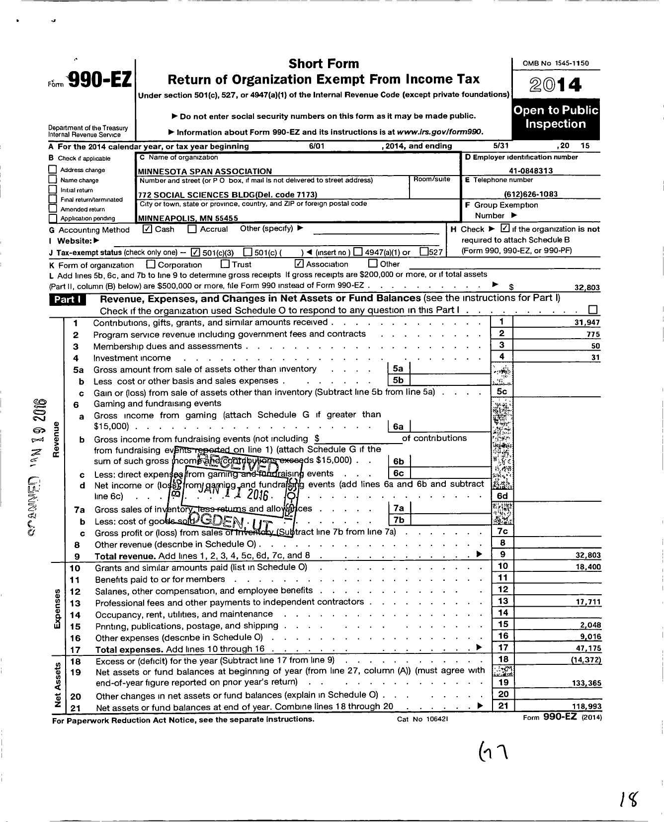 Image of first page of 2014 Form 990EZ for Minnesota SPAN Association