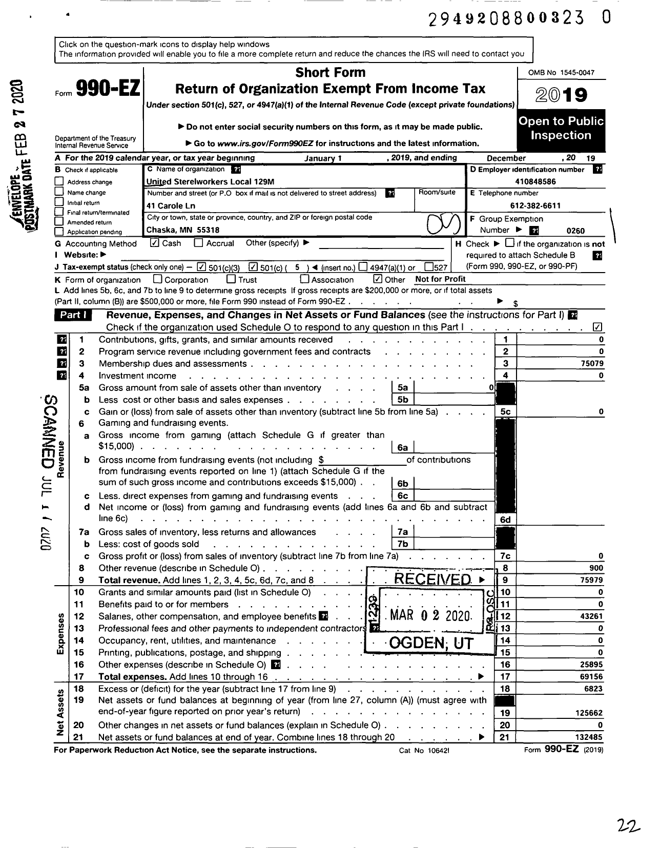 Image of first page of 2019 Form 990EO for United Steelworkers - 00129M Local