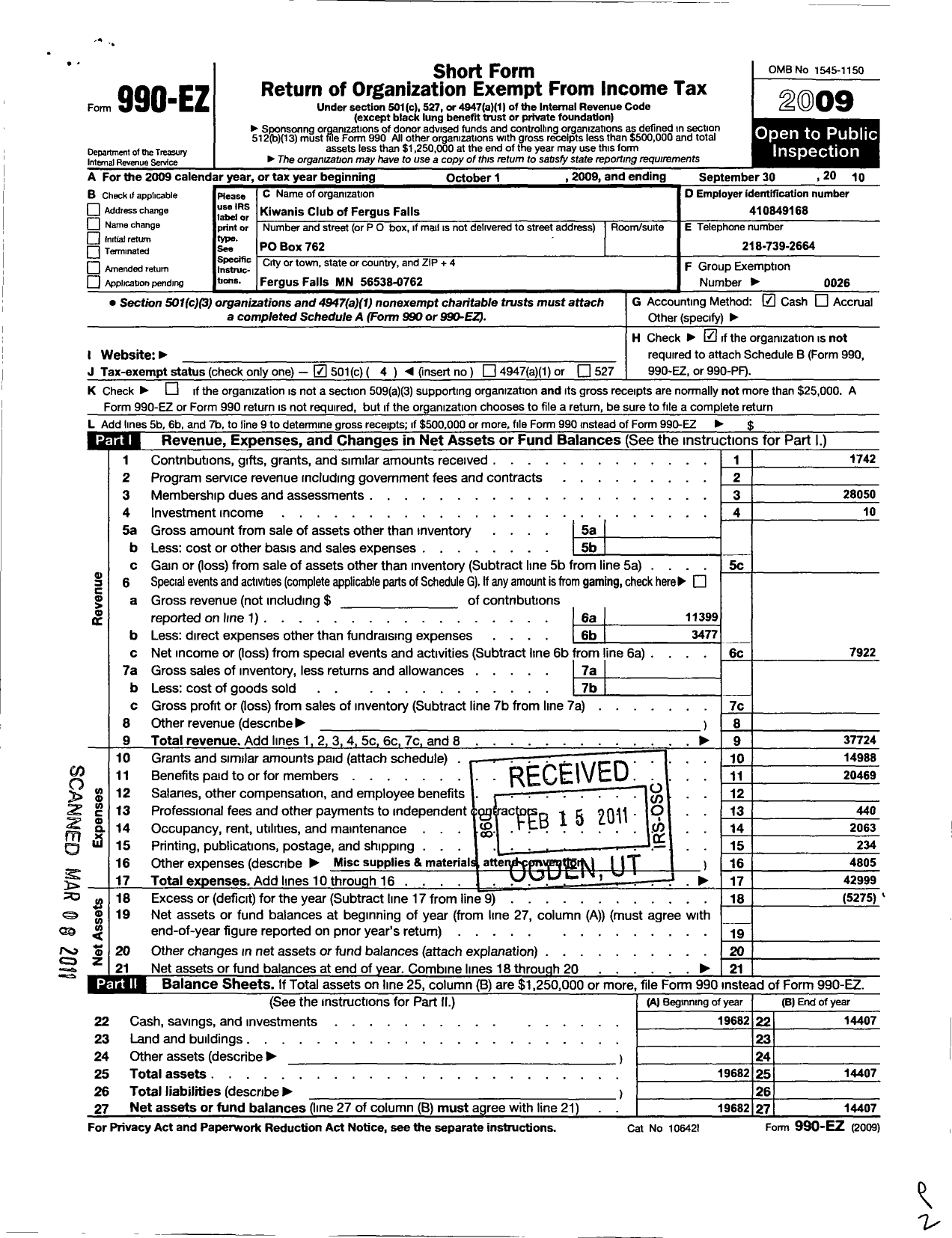 Image of first page of 2009 Form 990EO for Kiwanis International - K00523 Fergus Falls