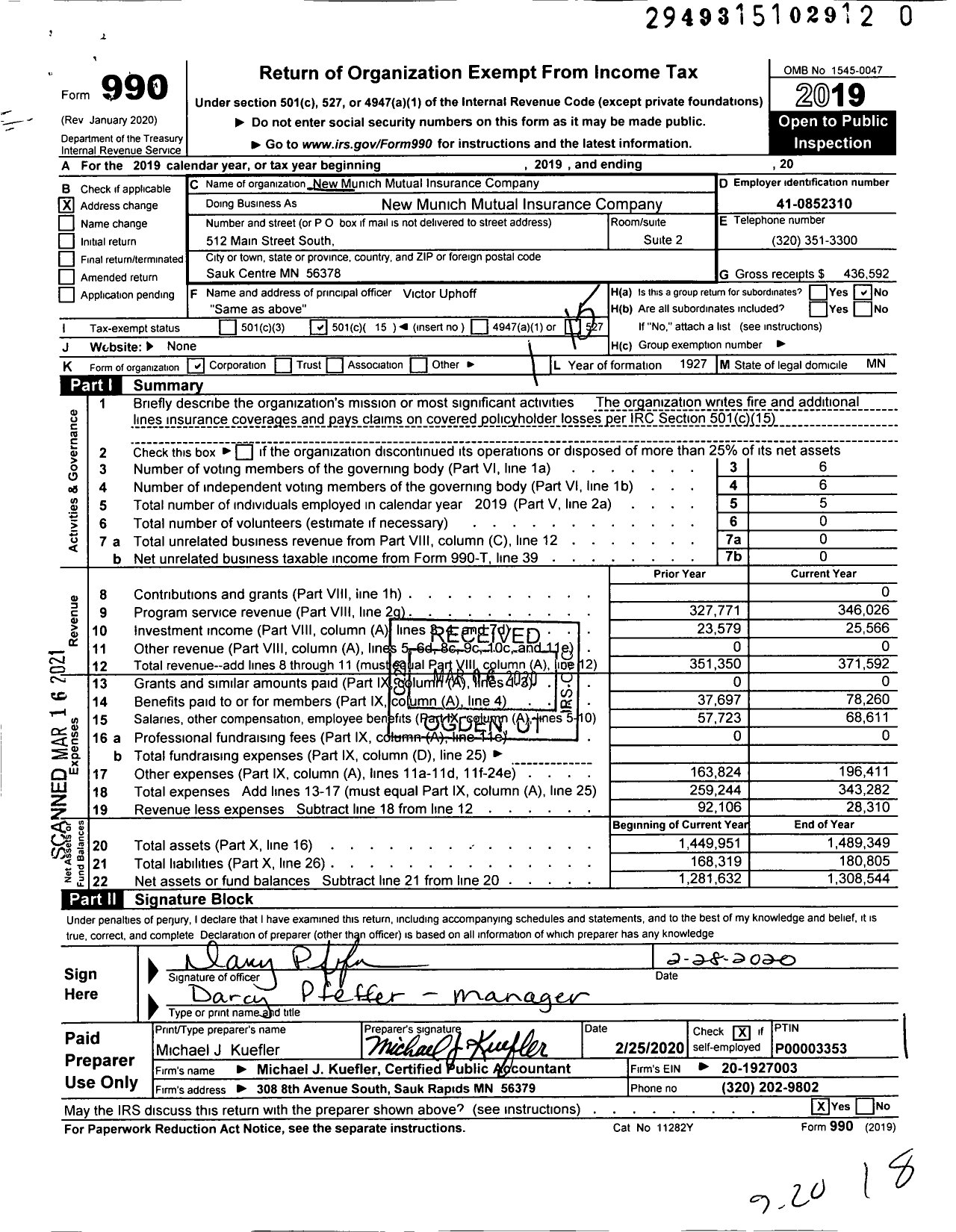 Image of first page of 2019 Form 990O for New Munich Mutual Insurance Company