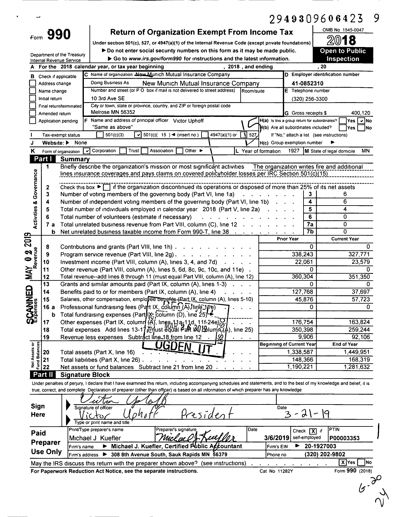 Image of first page of 2018 Form 990O for New Munich Mutual Insurance Company