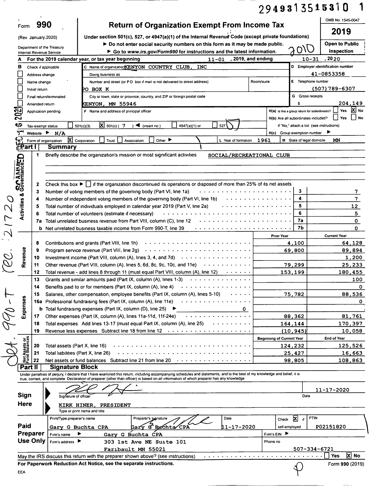 Image of first page of 2019 Form 990O for Kenyon Country Club