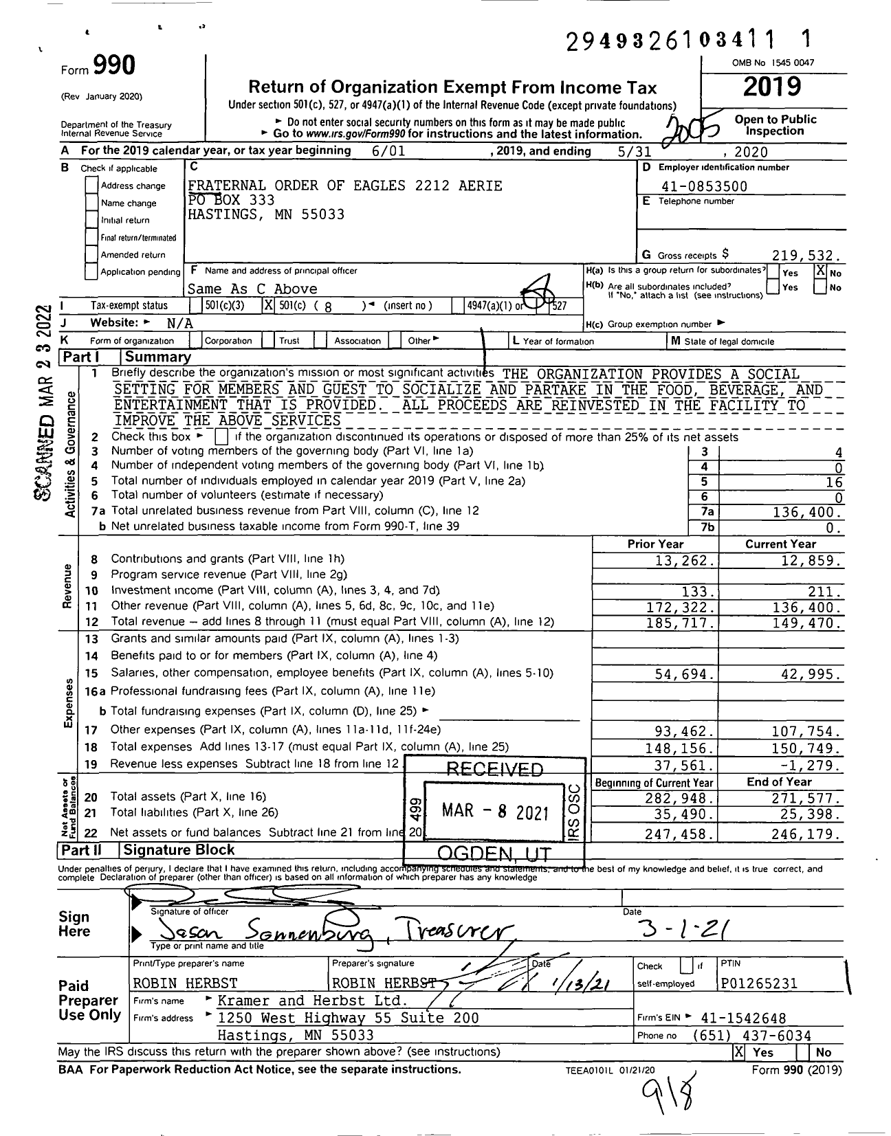 Image of first page of 2019 Form 990O for Fraternal Order of Eagles - 2212 Aerie