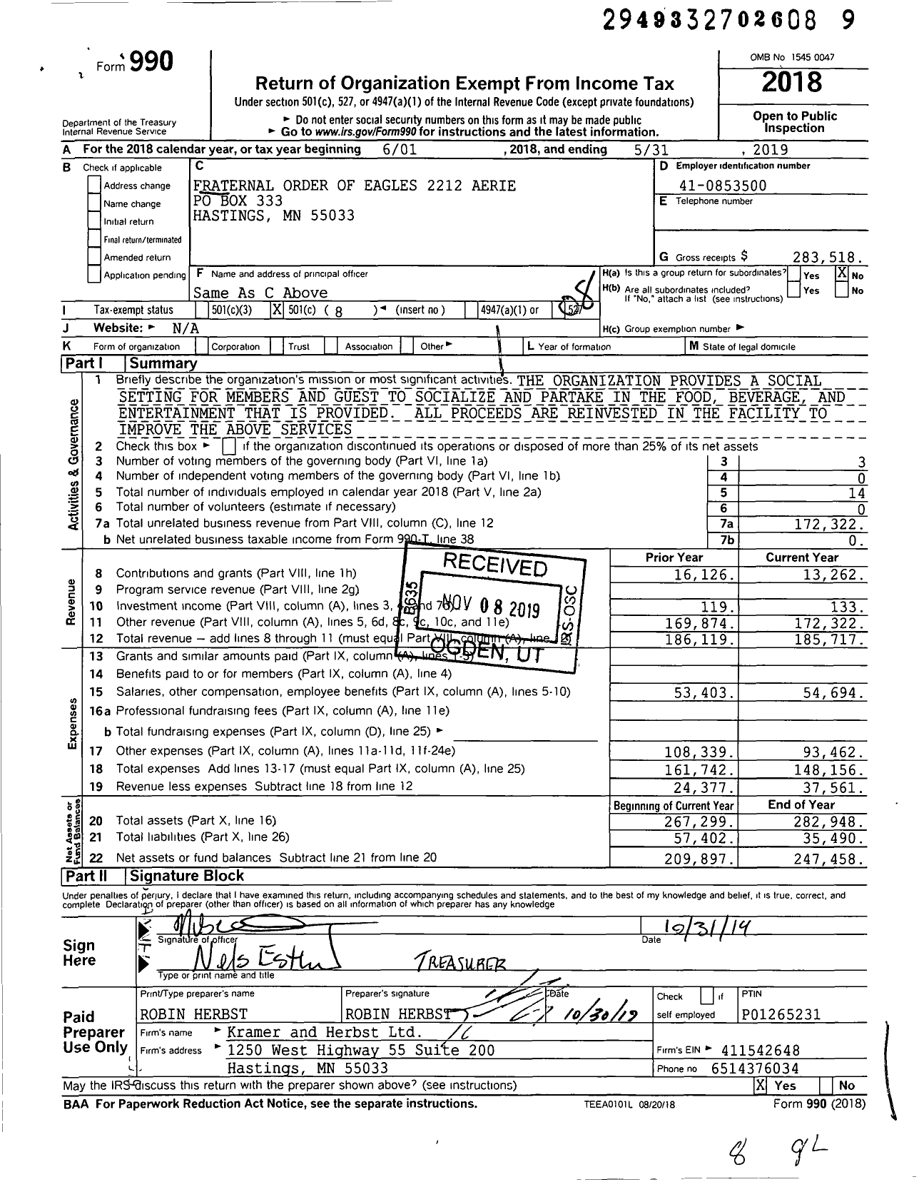 Image of first page of 2018 Form 990O for Fraternal Order of Eagles - 2212 Aerie