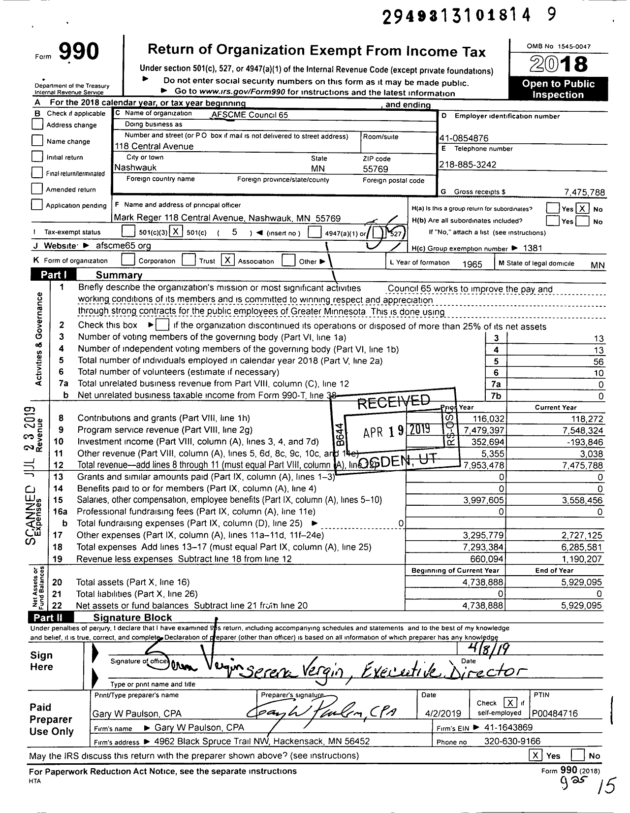 Image of first page of 2018 Form 990O for American Federation of State County & Municipal Employees - C0065MN MN and Dakotas Council 65