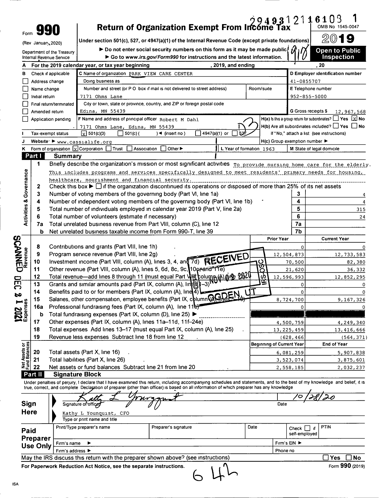 Image of first page of 2019 Form 990 for Park View Care Center