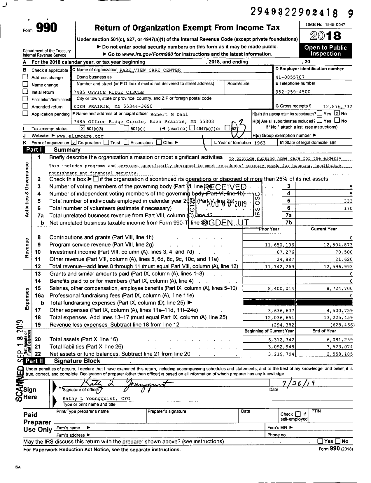 Image of first page of 2018 Form 990 for Park View Care Center