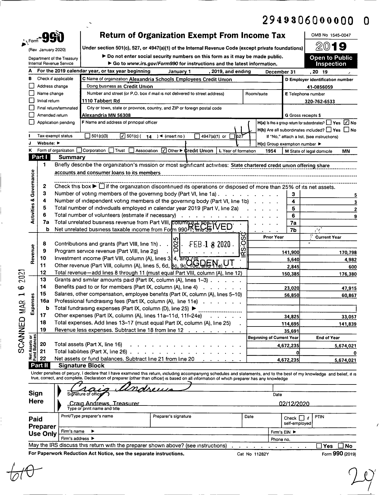 Image of first page of 2019 Form 990O for Alexandria Schools Employees Credit Union