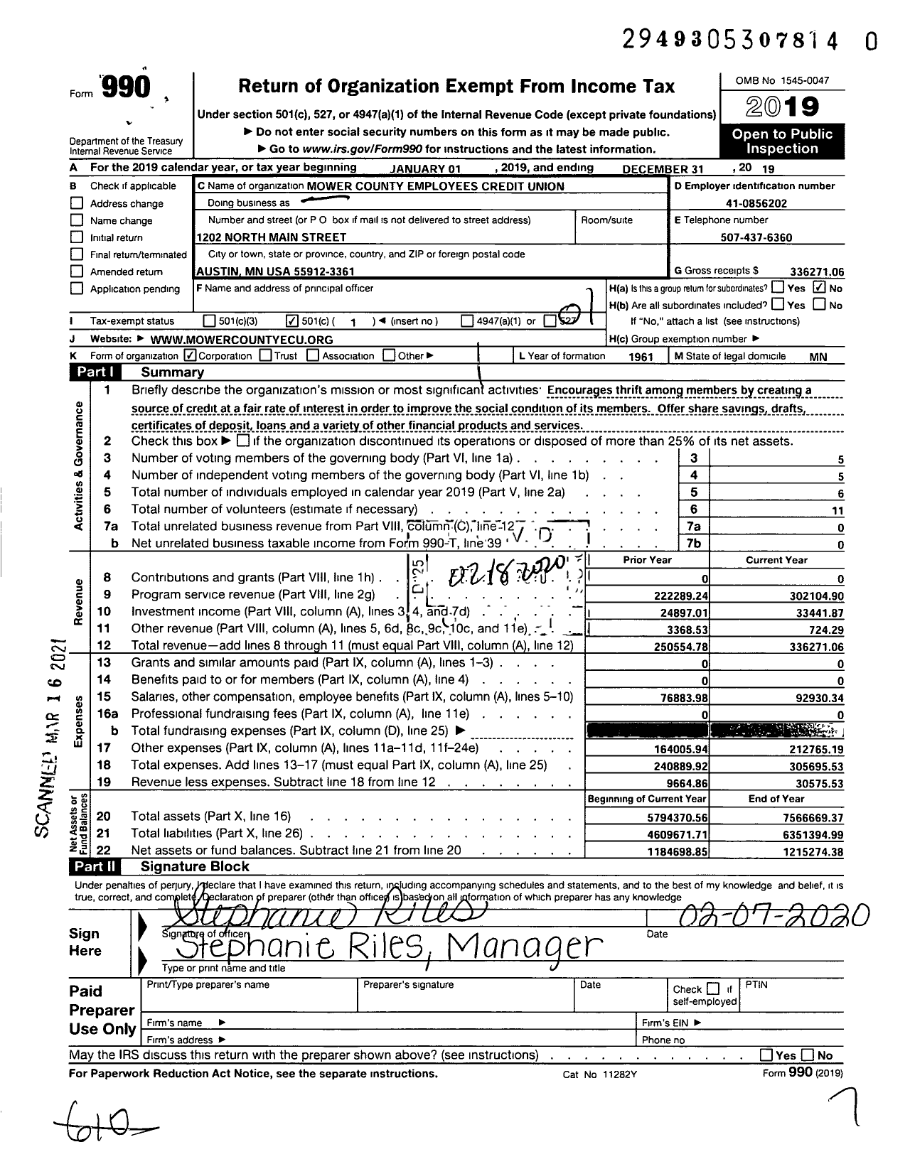 Image of first page of 2019 Form 990O for Mower County Employees Credit Union