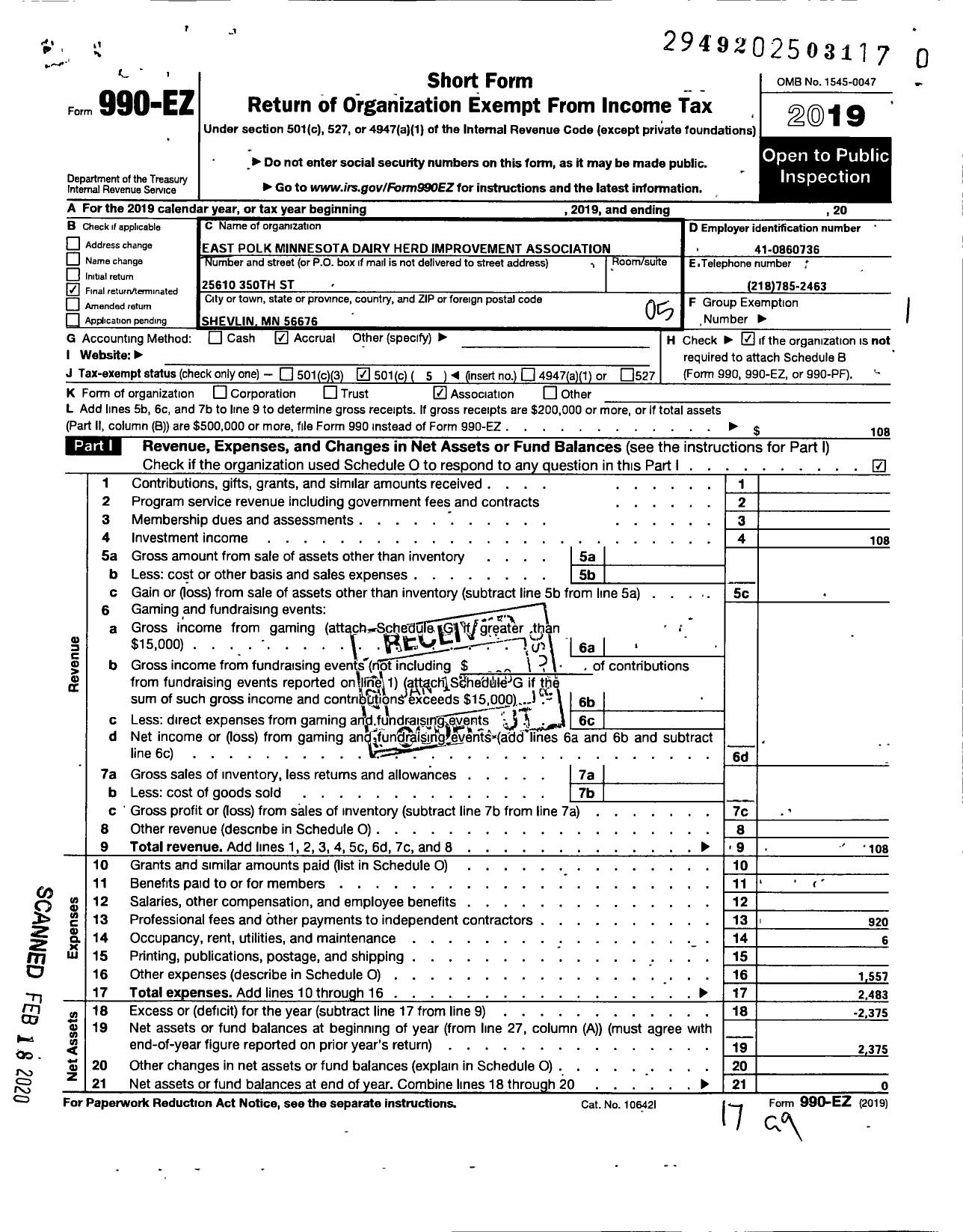 Image of first page of 2019 Form 990EO for East Polk Minnesota Dairy Herd Improvement Association