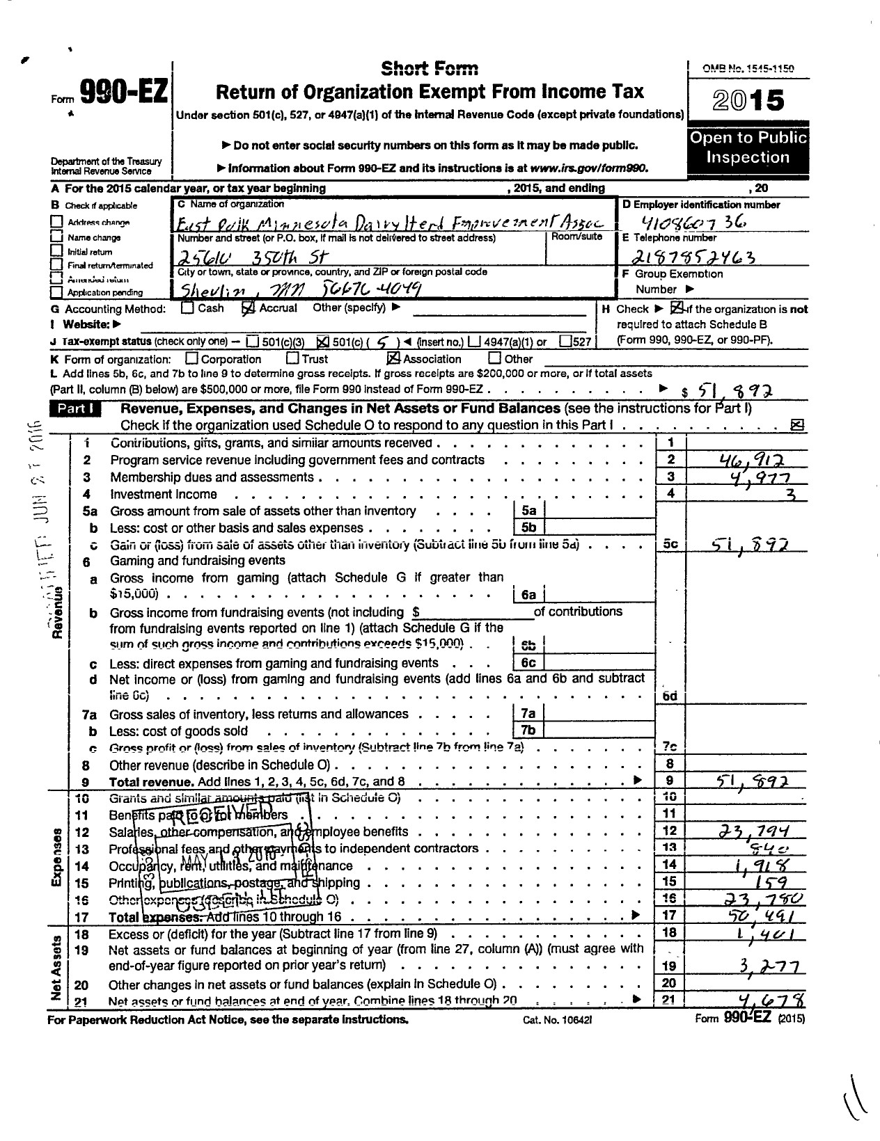 Image of first page of 2015 Form 990EO for East Polk Minnesota Dairy Herd Improvement Association