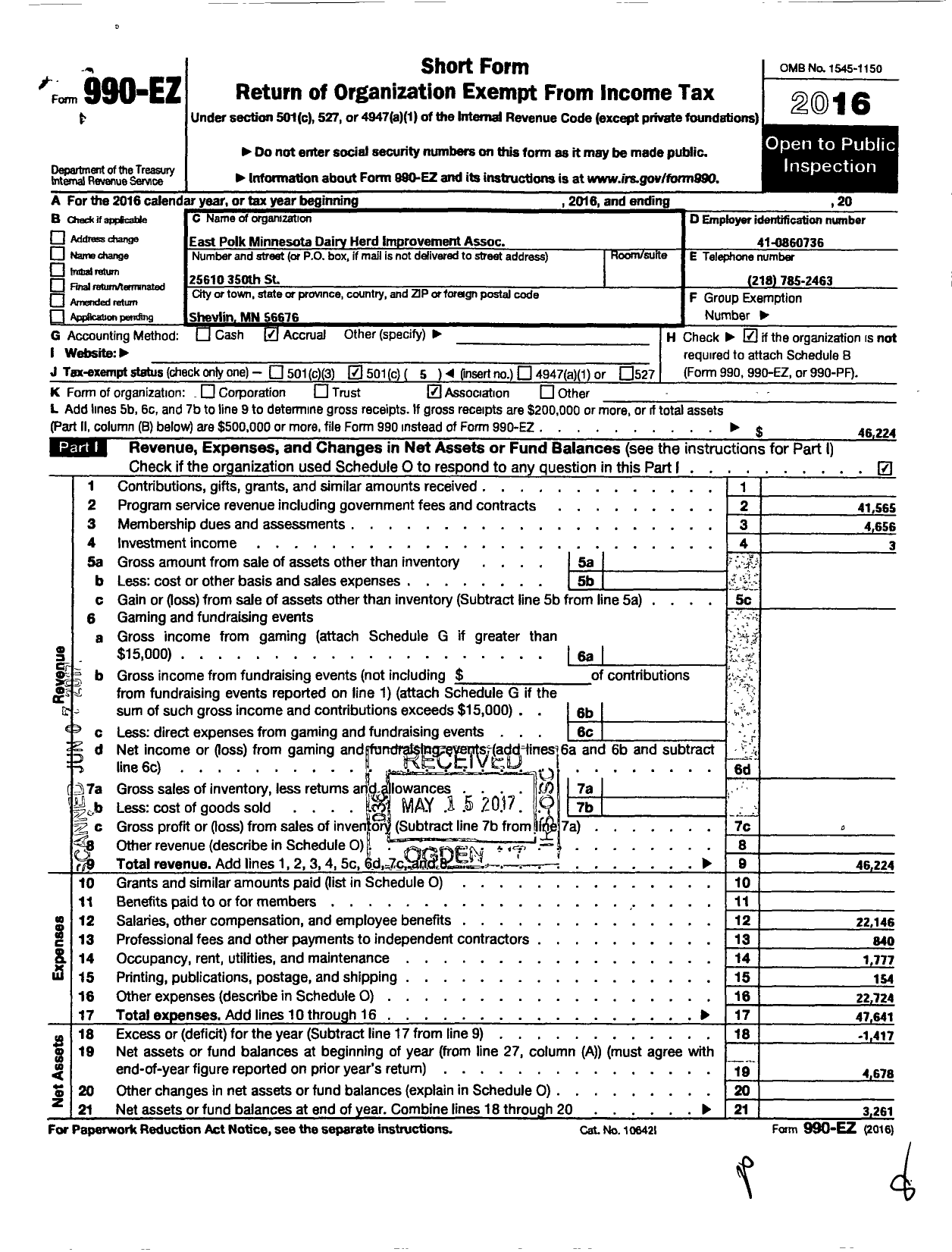 Image of first page of 2016 Form 990EO for East Polk Minnesota Dairy Herd Improvement Association