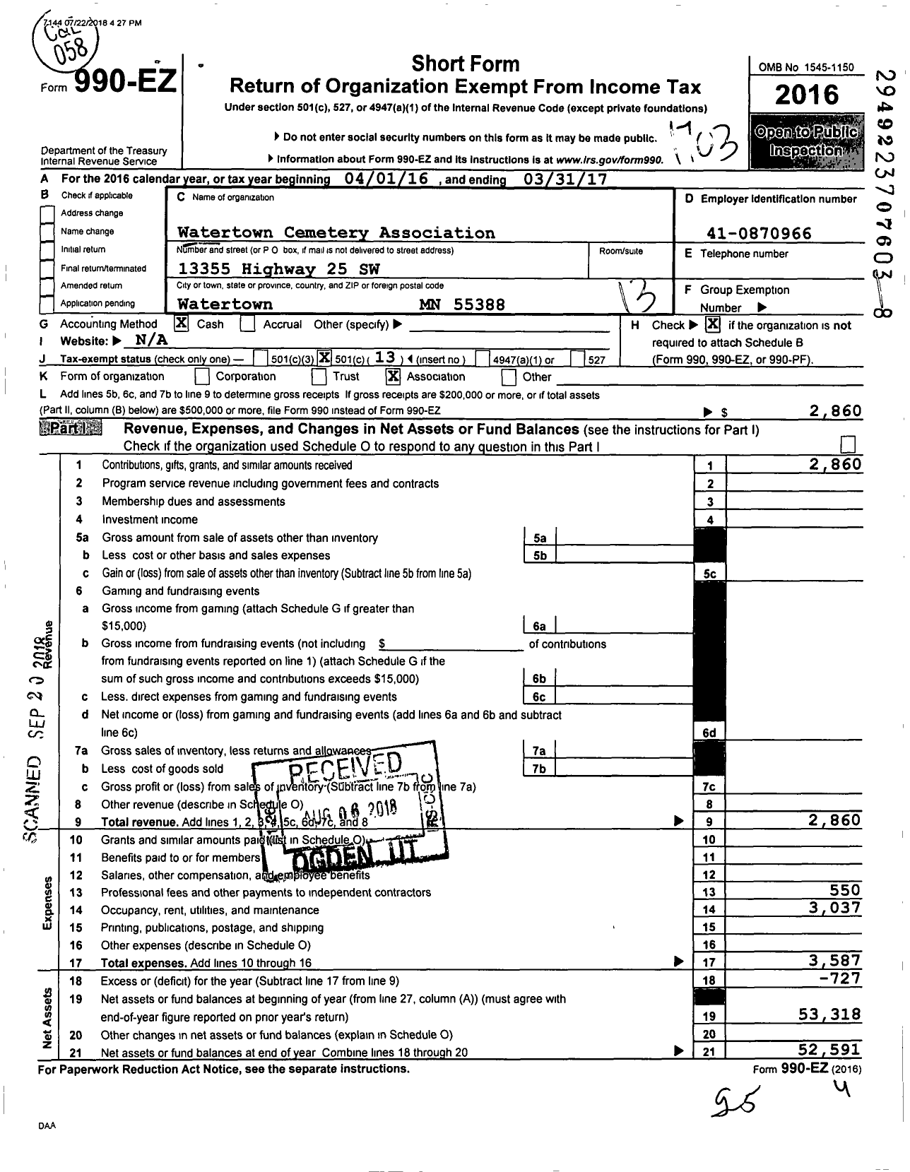 Image of first page of 2016 Form 990EO for Watertown Cemetery Association