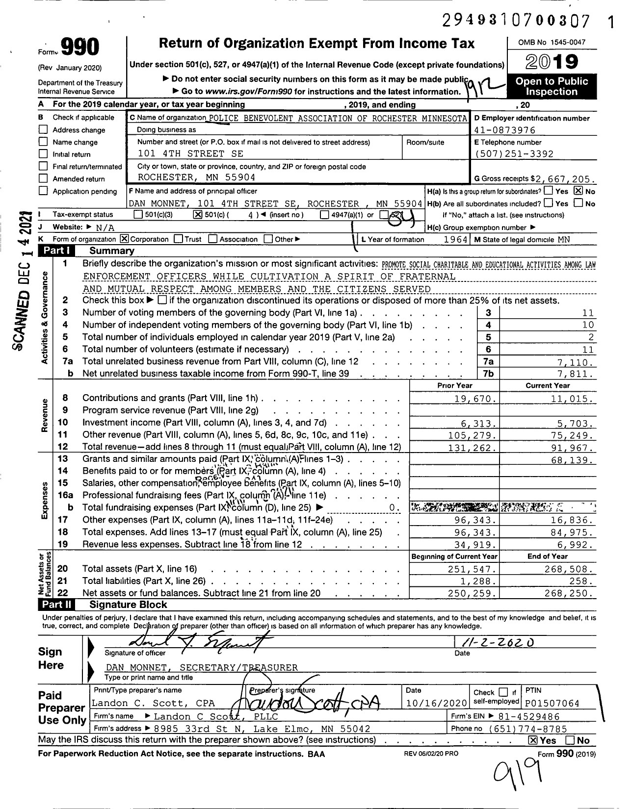 Image of first page of 2019 Form 990O for Police Benevolent Association of Rochester Minnesota