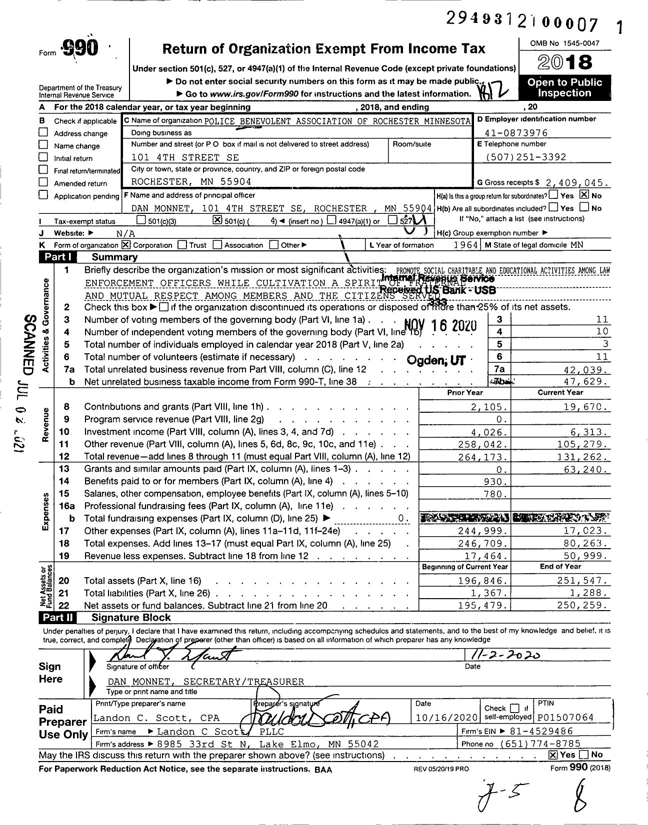 Image of first page of 2018 Form 990O for Police Benevolent Association of Rochester Minnesota