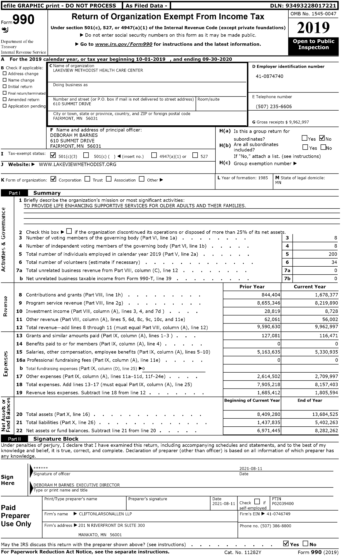 Image of first page of 2019 Form 990 for Lakeview Methodist Health Care Center