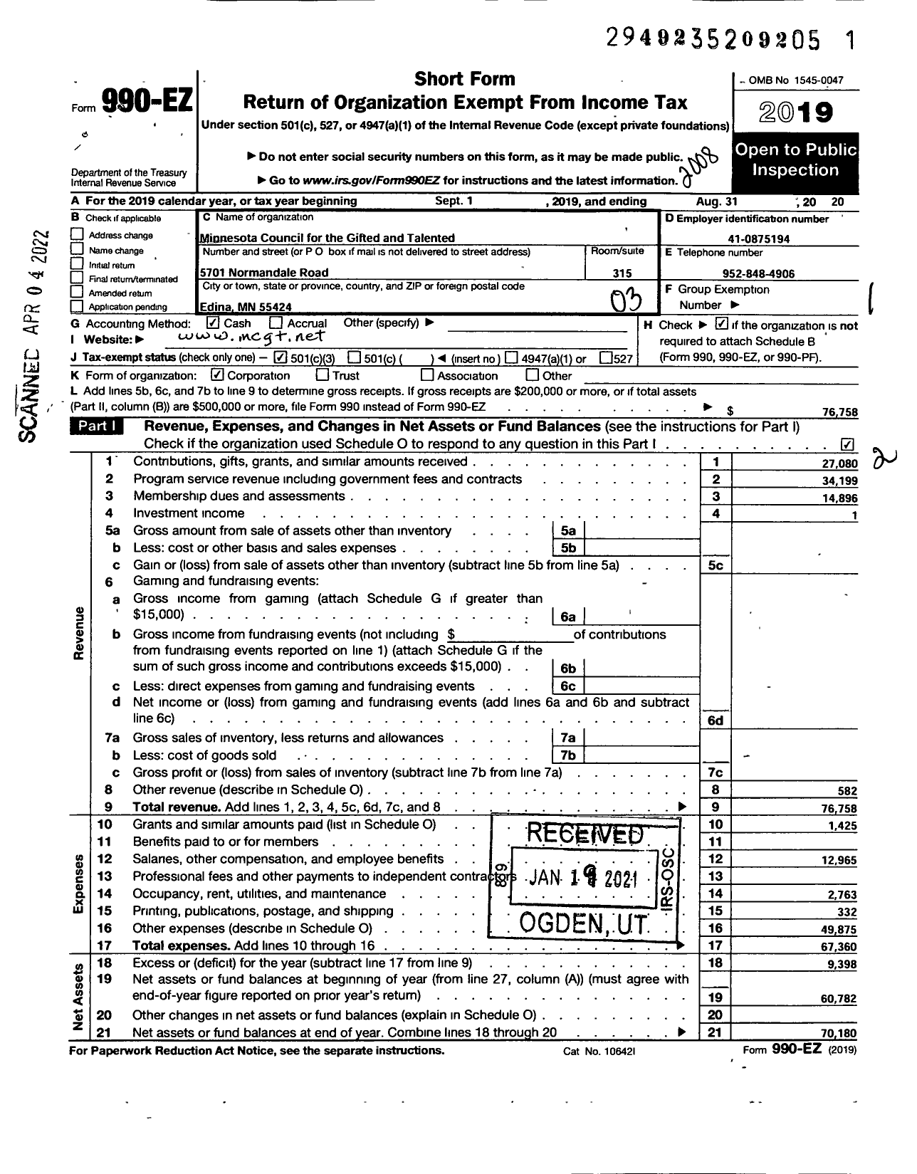 Image of first page of 2019 Form 990EZ for Minnesota Council for the Gifted and Talented