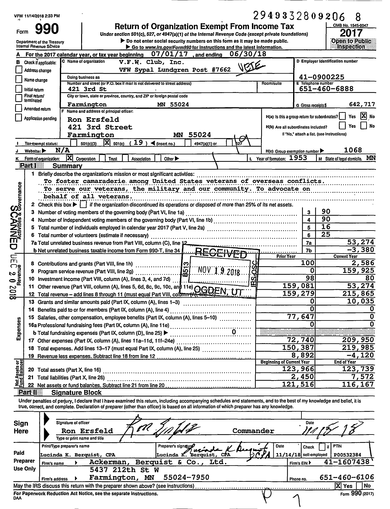 Image of first page of 2017 Form 990O for MN VFW - 7662 VFW-MN (7662 VFW-MN)