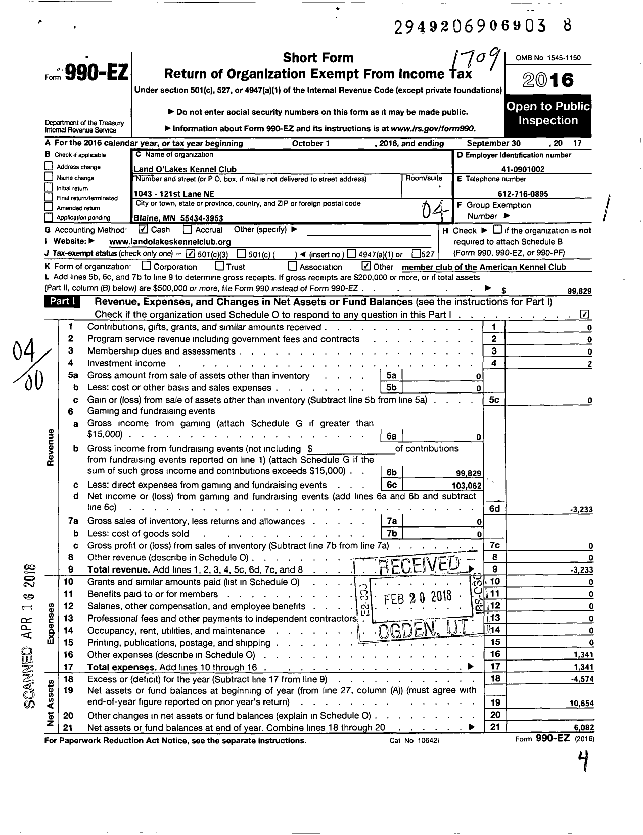 Image of first page of 2016 Form 990EO for Land Olakes Kennel Club Incorporated