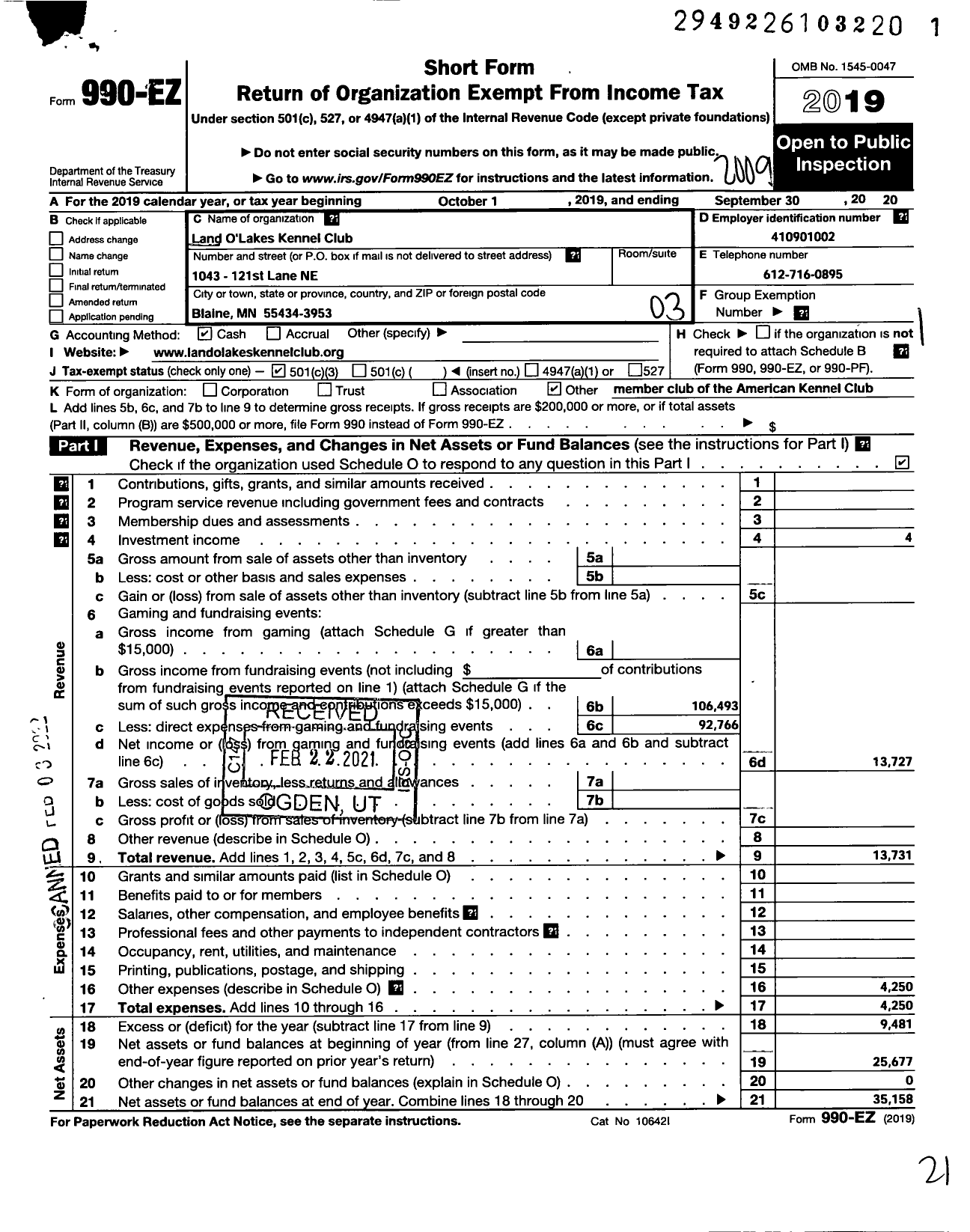 Image of first page of 2019 Form 990EZ for Land Olakes Kennel Club Incorporated