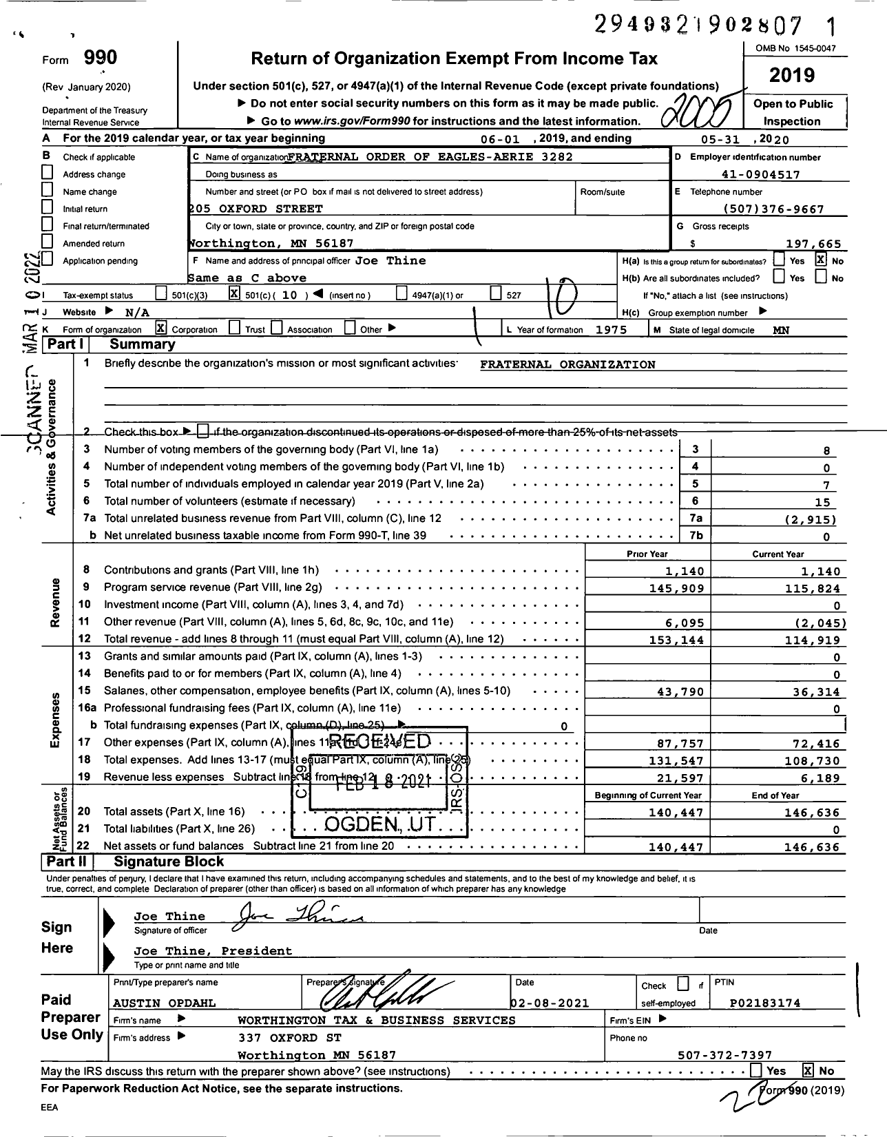 Image of first page of 2019 Form 990O for Fraternal Order of Eagles - 3282 Aerie