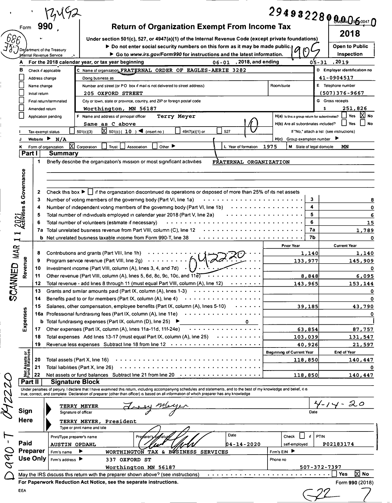 Image of first page of 2018 Form 990O for Fraternal Order of Eagles - 3282 Aerie