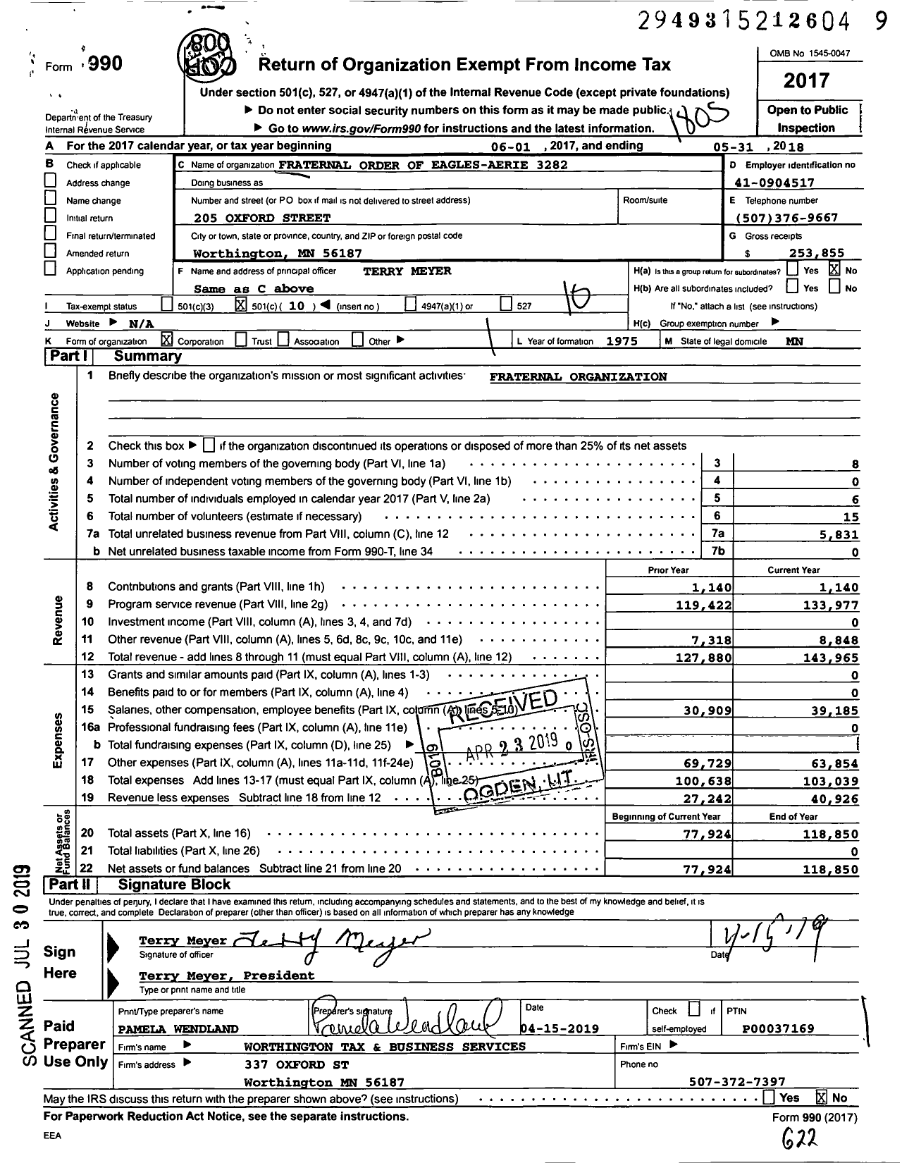 Image of first page of 2017 Form 990O for Fraternal Order of Eagles - 3282 Aerie