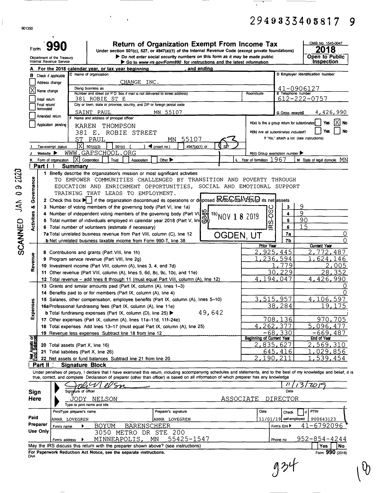 Image of first page of 2018 Form 990 for Change