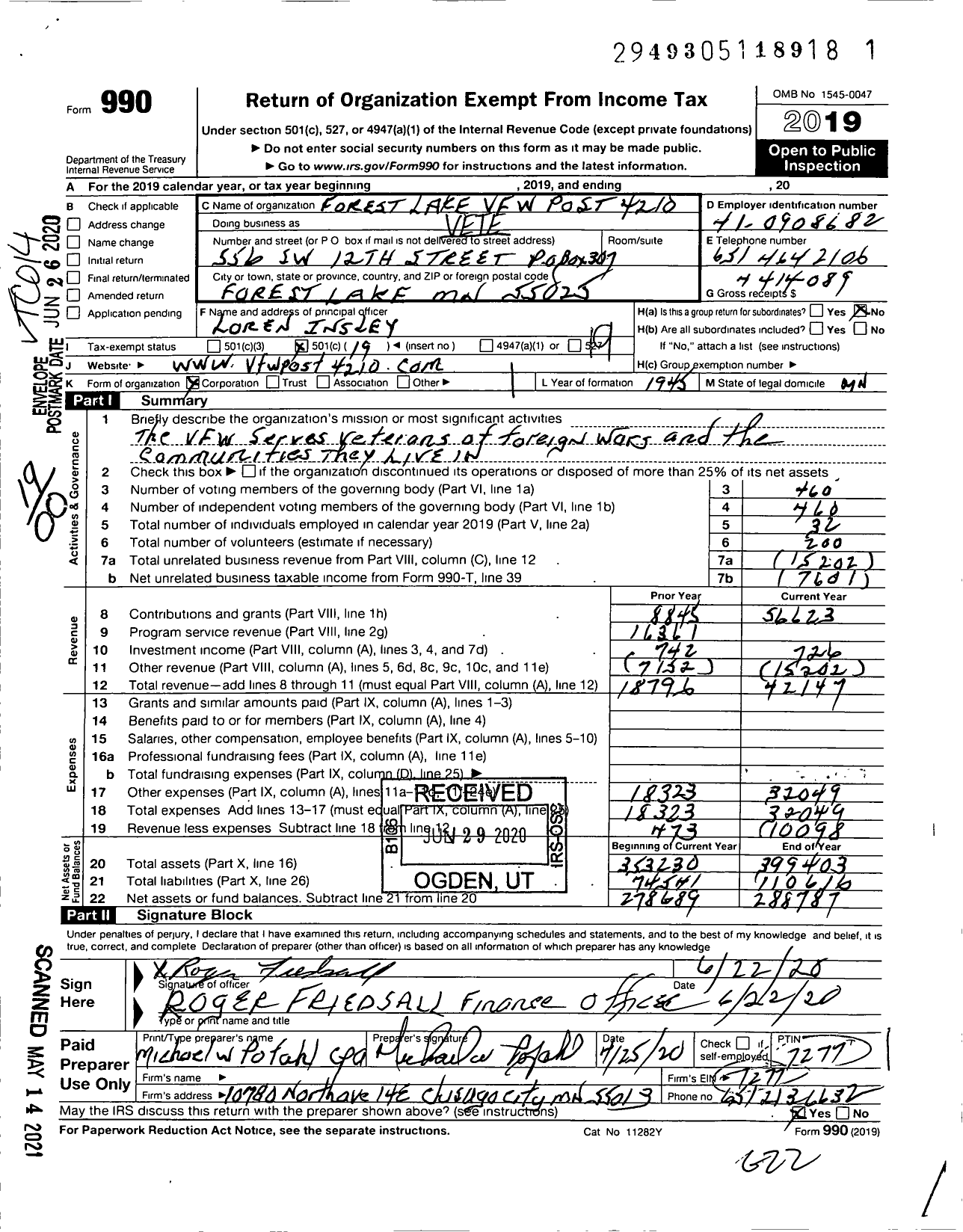 Image of first page of 2019 Form 990O for MN VFW - VFW 4210 (4210 VFW-MN)