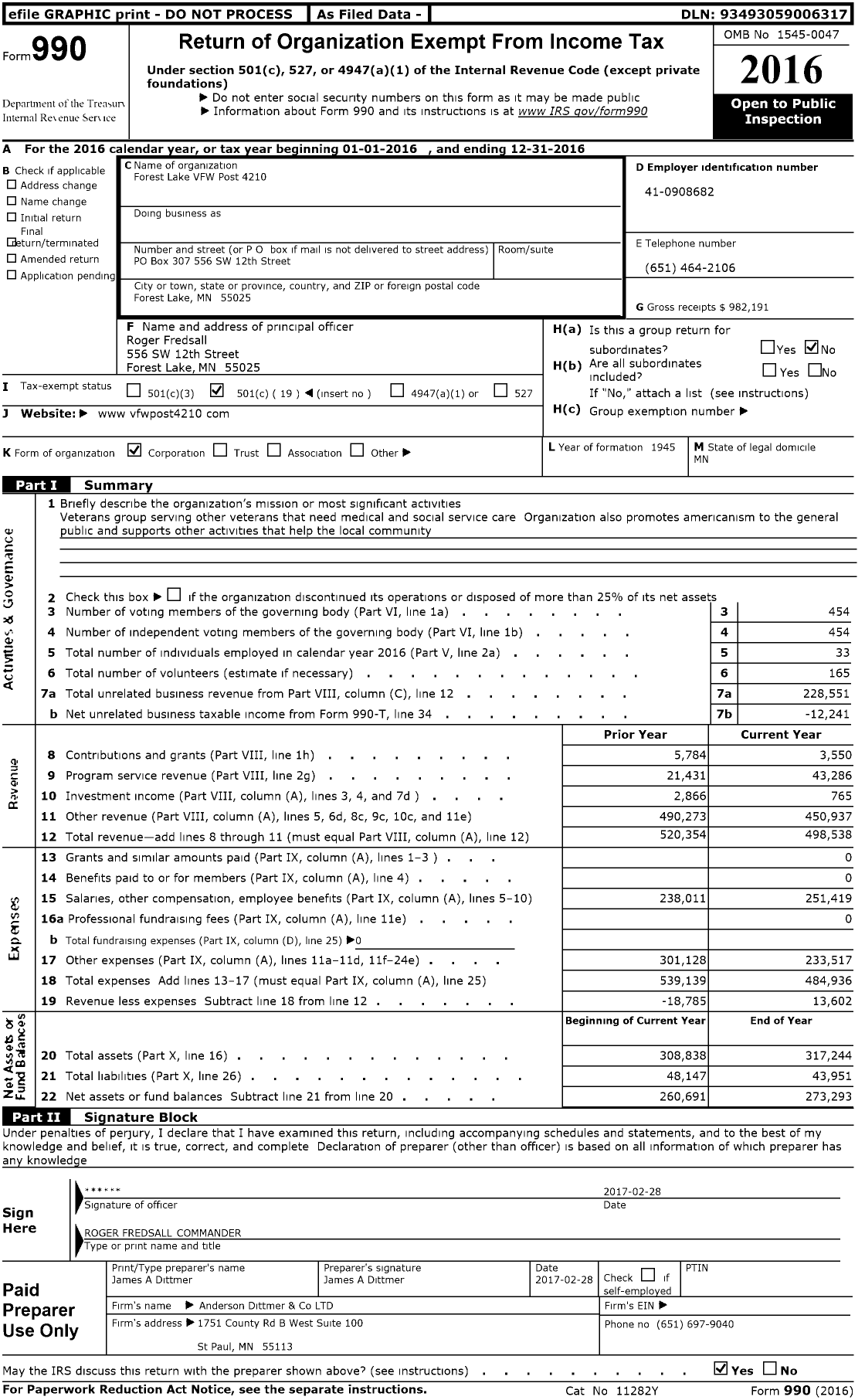 Image of first page of 2016 Form 990O for MN VFW - VFW 4210 (4210 VFW-MN)