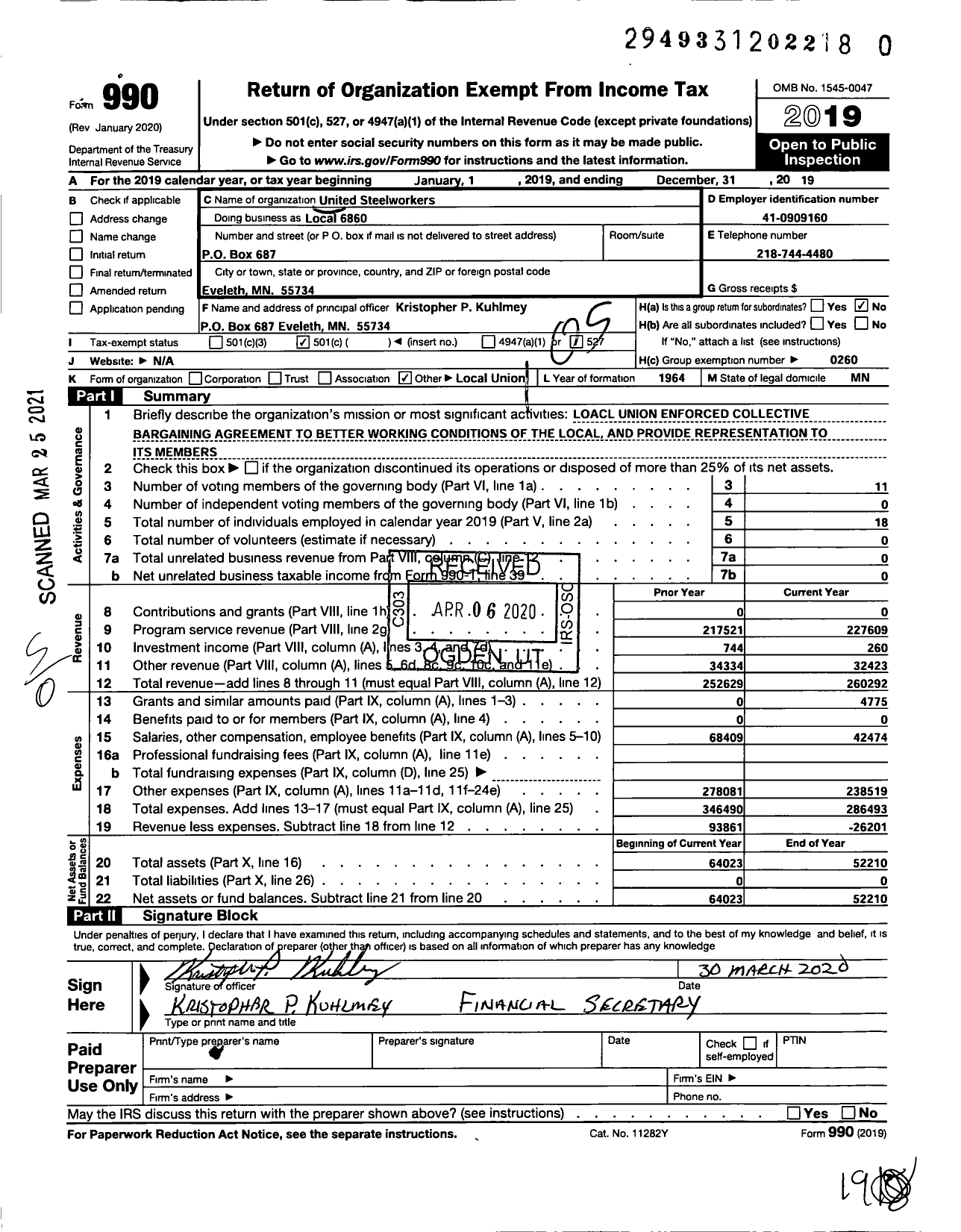 Image of first page of 2019 Form 990O for United Steelworkers - 06860 Local