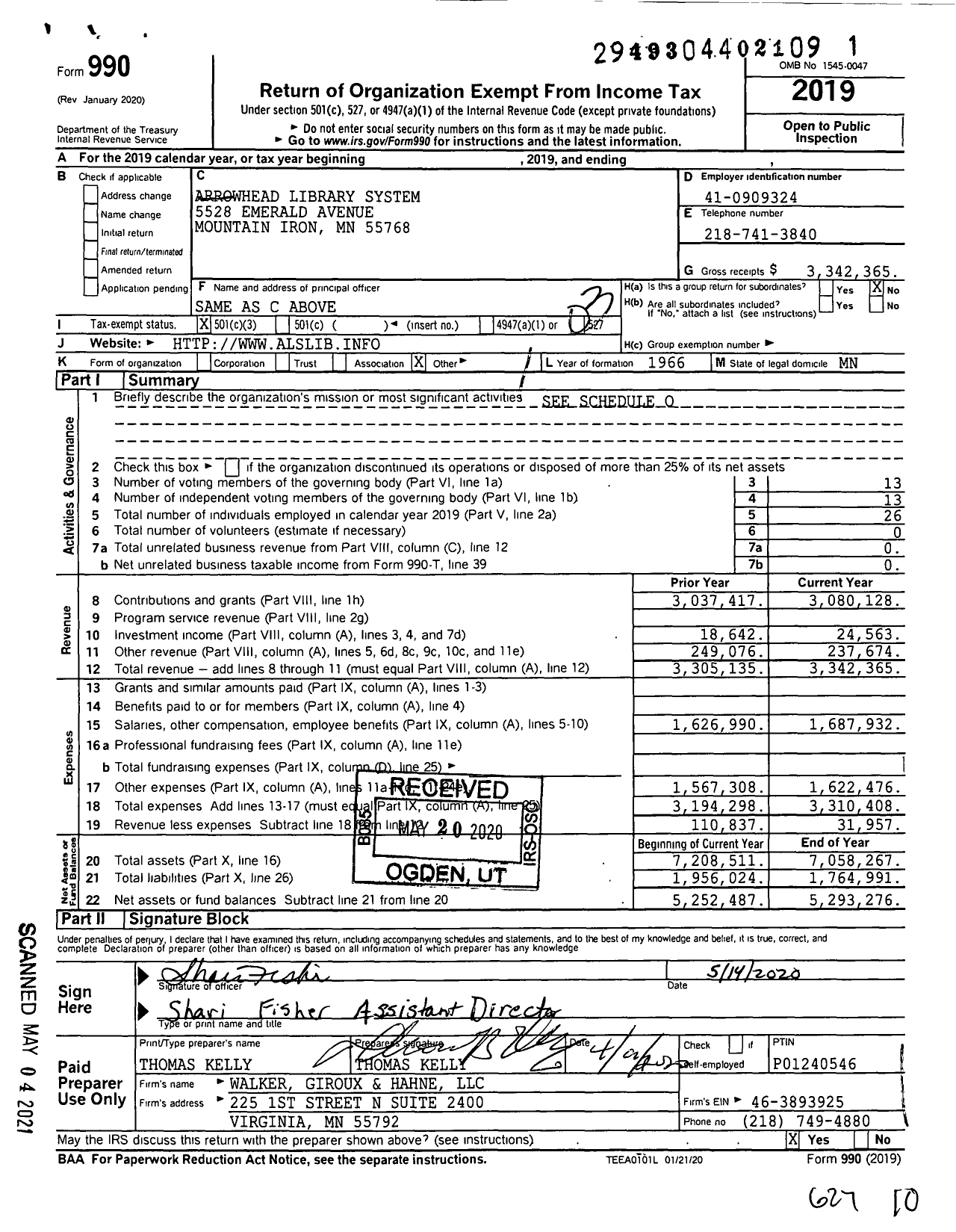 Image of first page of 2019 Form 990 for Arrowhead Library System