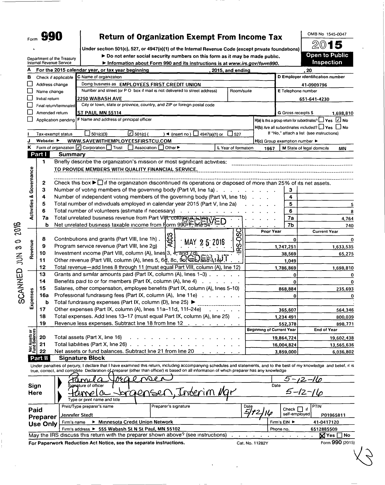 Image of first page of 2015 Form 990O for Employees First Credit Union