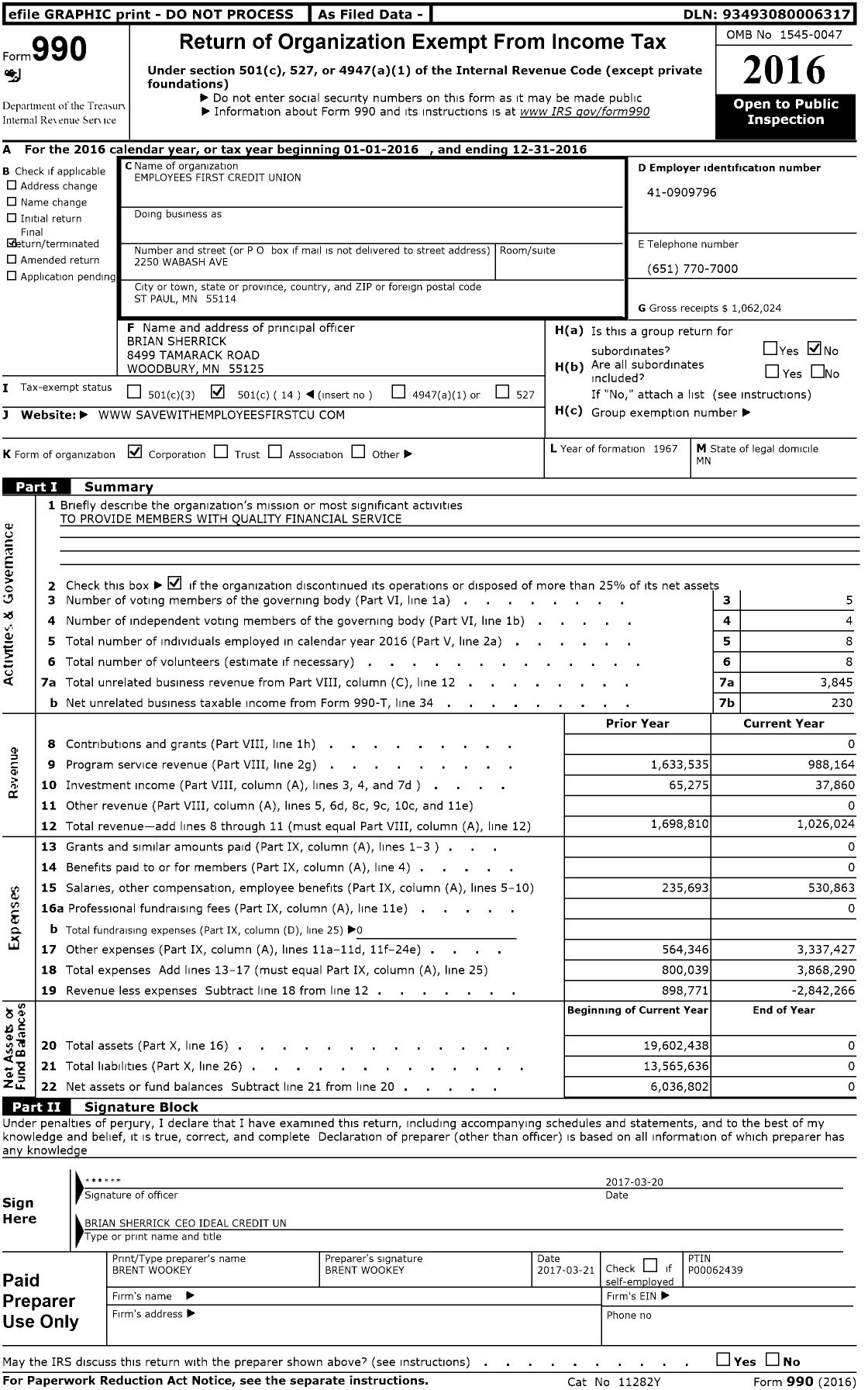 Image of first page of 2016 Form 990O for Employees First Credit Union