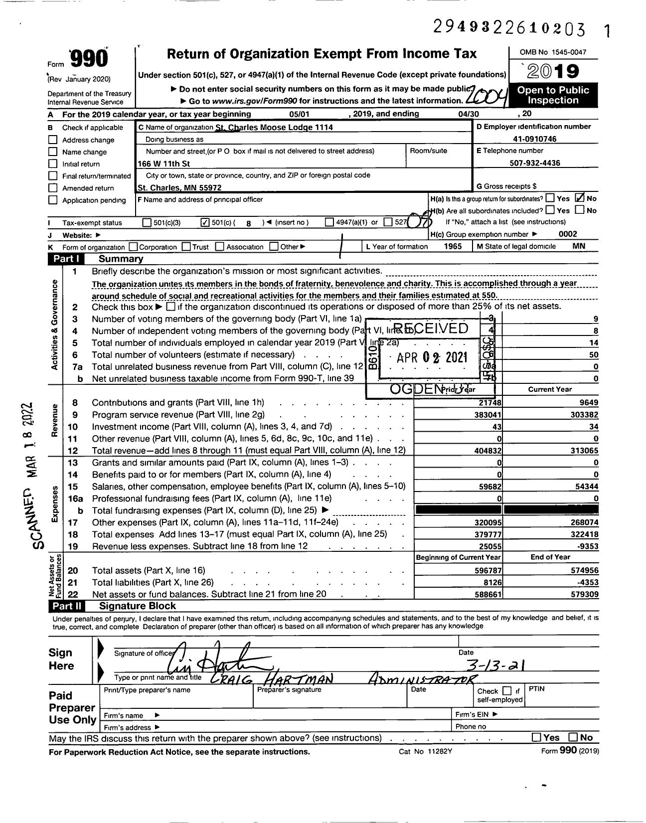 Image of first page of 2019 Form 990O for Loyal Order of Moose - 1114