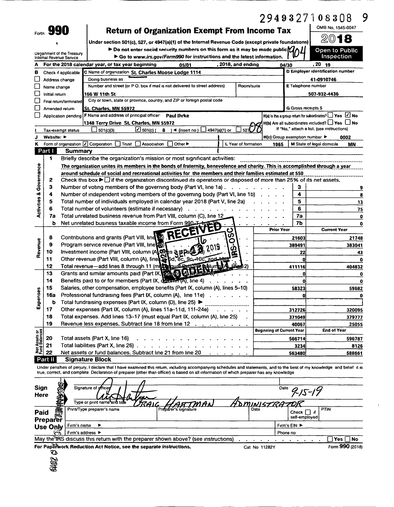 Image of first page of 2018 Form 990O for Loyal Order of Moose - 1114