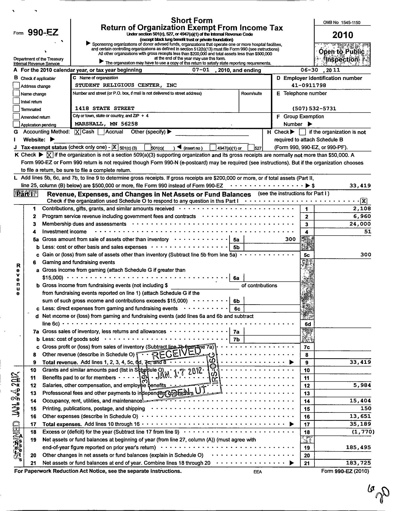 Image of first page of 2010 Form 990EZ for Student Religious Center