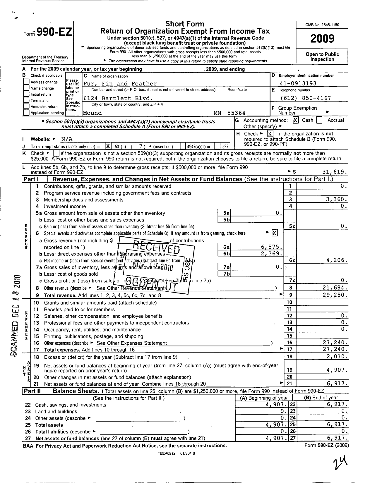 Image of first page of 2009 Form 990EO for Fur Fin and Feather