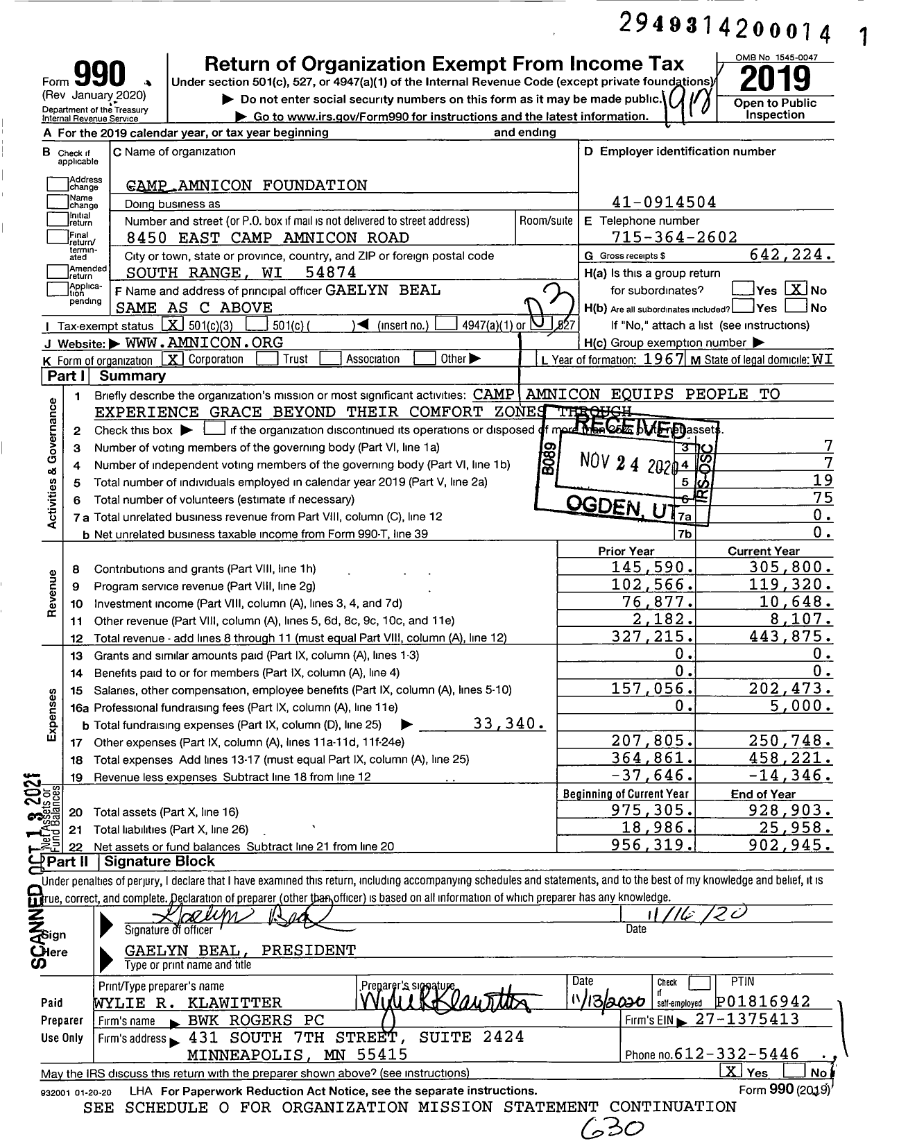 Image of first page of 2019 Form 990 for Camp Amnicon Foundation