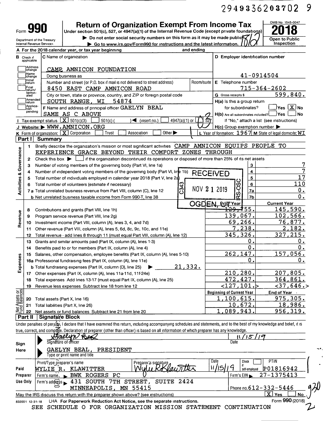 Image of first page of 2018 Form 990 for Camp Amnicon Foundation